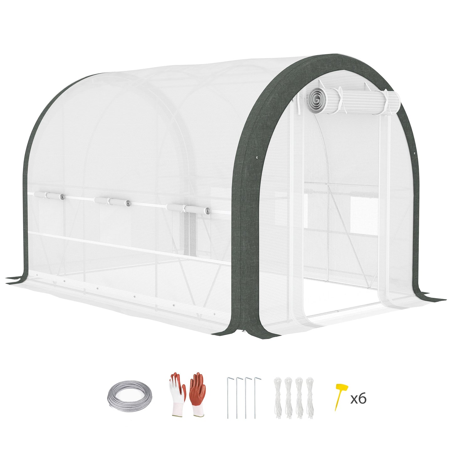3 x 2(m) Walk-in Polytunnel Greenhouse with Upgraded Structure, Zipped Roll Up Mesh Door, 6 Mesh Windows, Tunnel Warm House Tent with PE Cover, 6 Plant Labels and Gloves, White