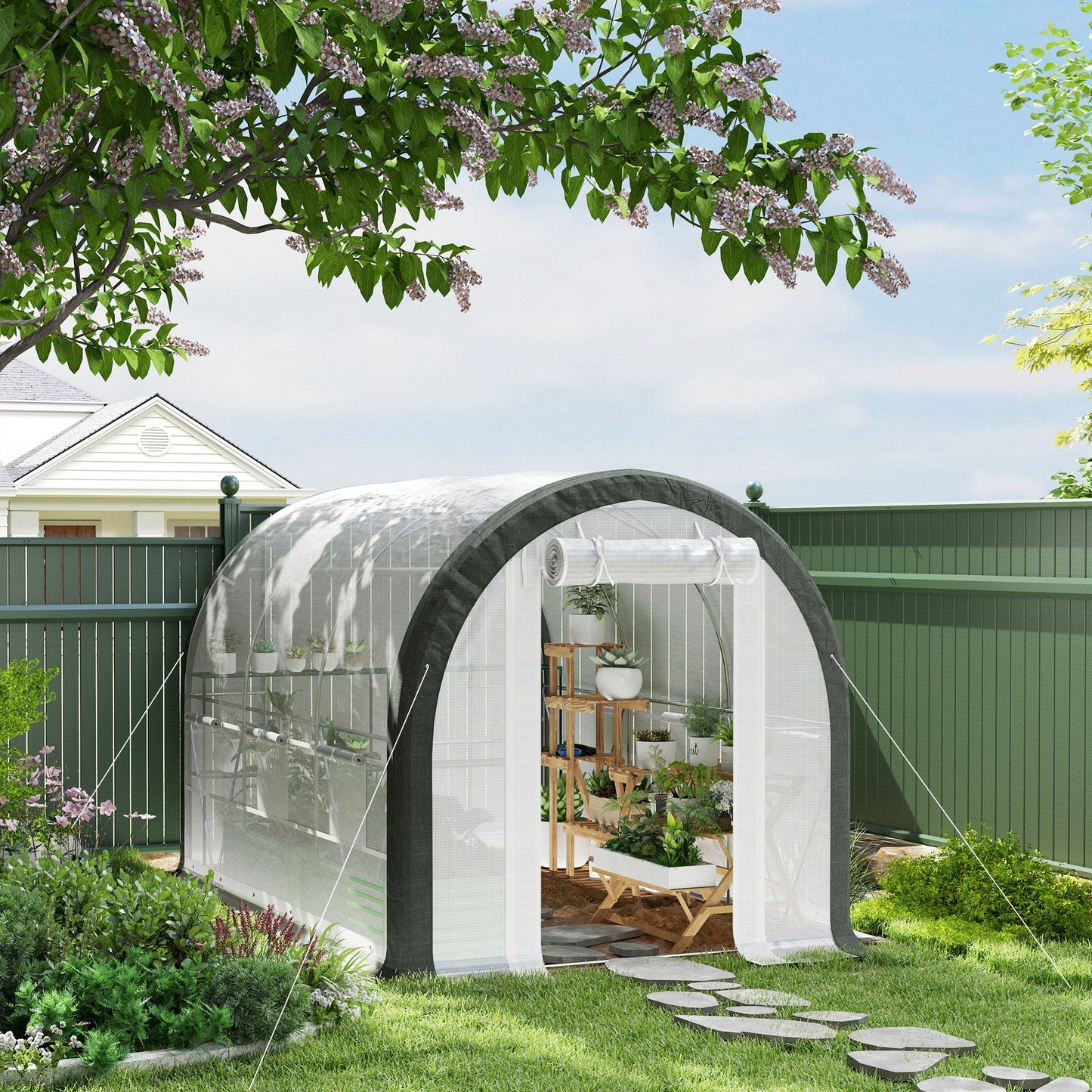 3 x 2(m) Walk-in Polytunnel Greenhouse with Upgraded Structure, Zipped Roll Up Mesh Door, 6 Mesh Windows, Tunnel Warm House Tent with PE Cover, 6 Plant Labels and Gloves, White