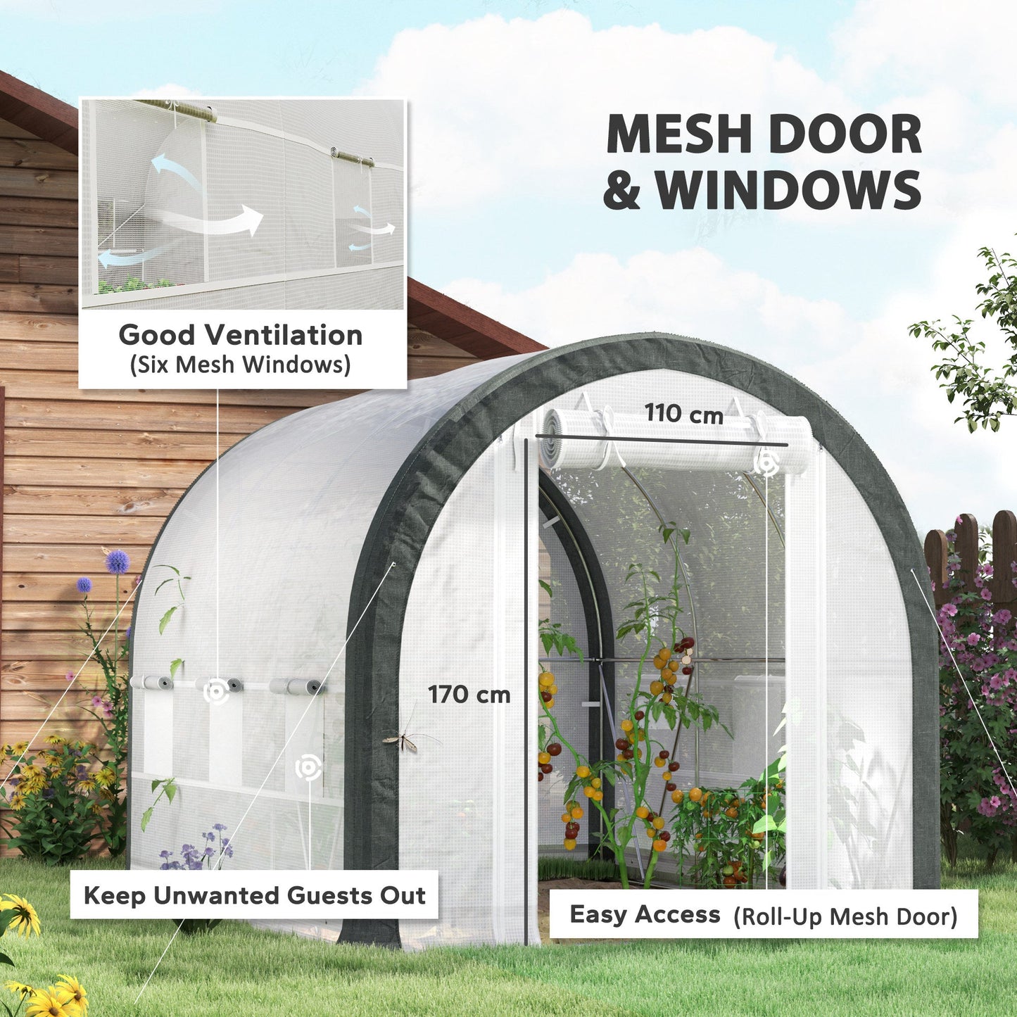 3 x 2(m) Walk-in Polytunnel Greenhouse with Upgraded Structure, Zipped Roll Up Mesh Door, 6 Mesh Windows, Tunnel Warm House Tent with PE Cover, 6 Plant Labels and Gloves, White