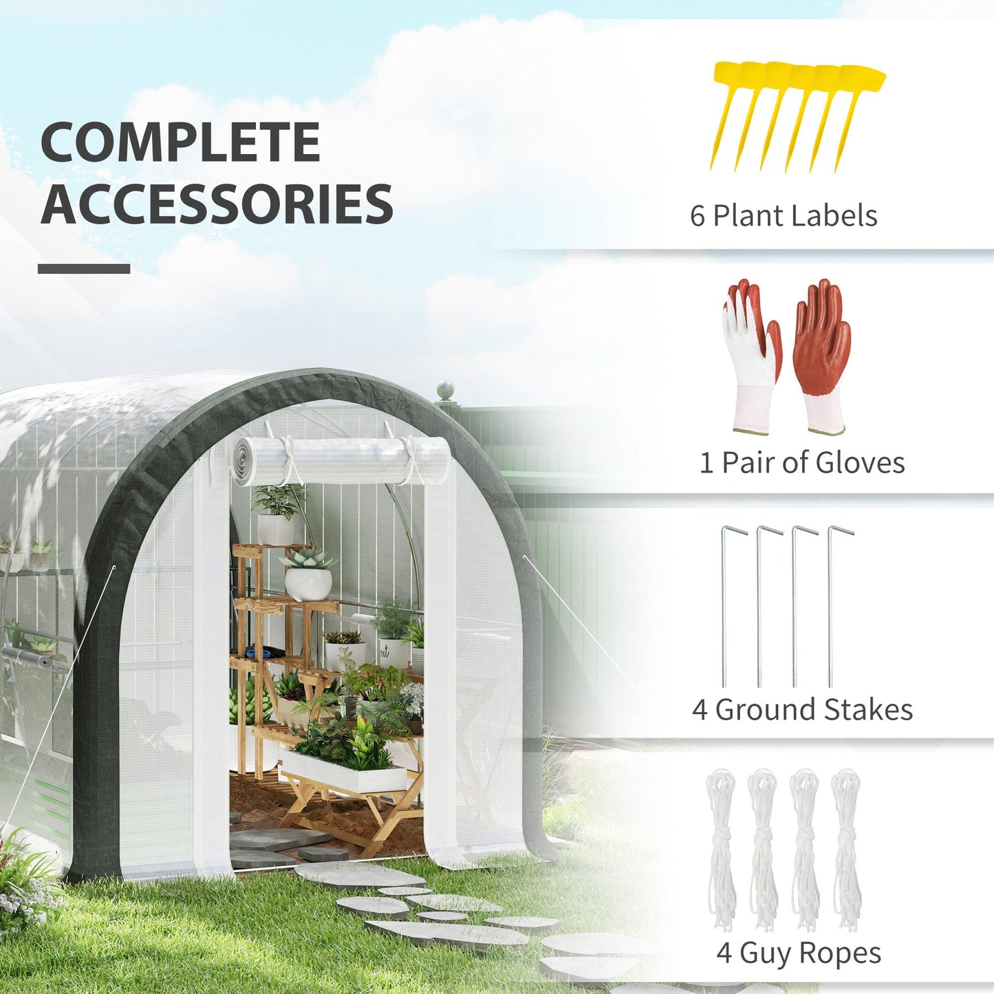 3 x 2(m) Walk-in Polytunnel Greenhouse with Upgraded Structure, Zipped Roll Up Mesh Door, 6 Mesh Windows, Tunnel Warm House Tent with PE Cover, 6 Plant Labels and Gloves, White