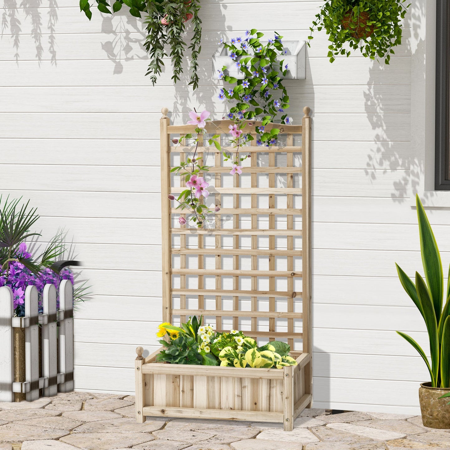 Garden Planters with Trellis for Climbing Vines, Wooden Raised Beds for Garden, Free Standing Flower Pot, Indoor Outdoor Display Rack, 64 x 28 x 120 cm, Natural