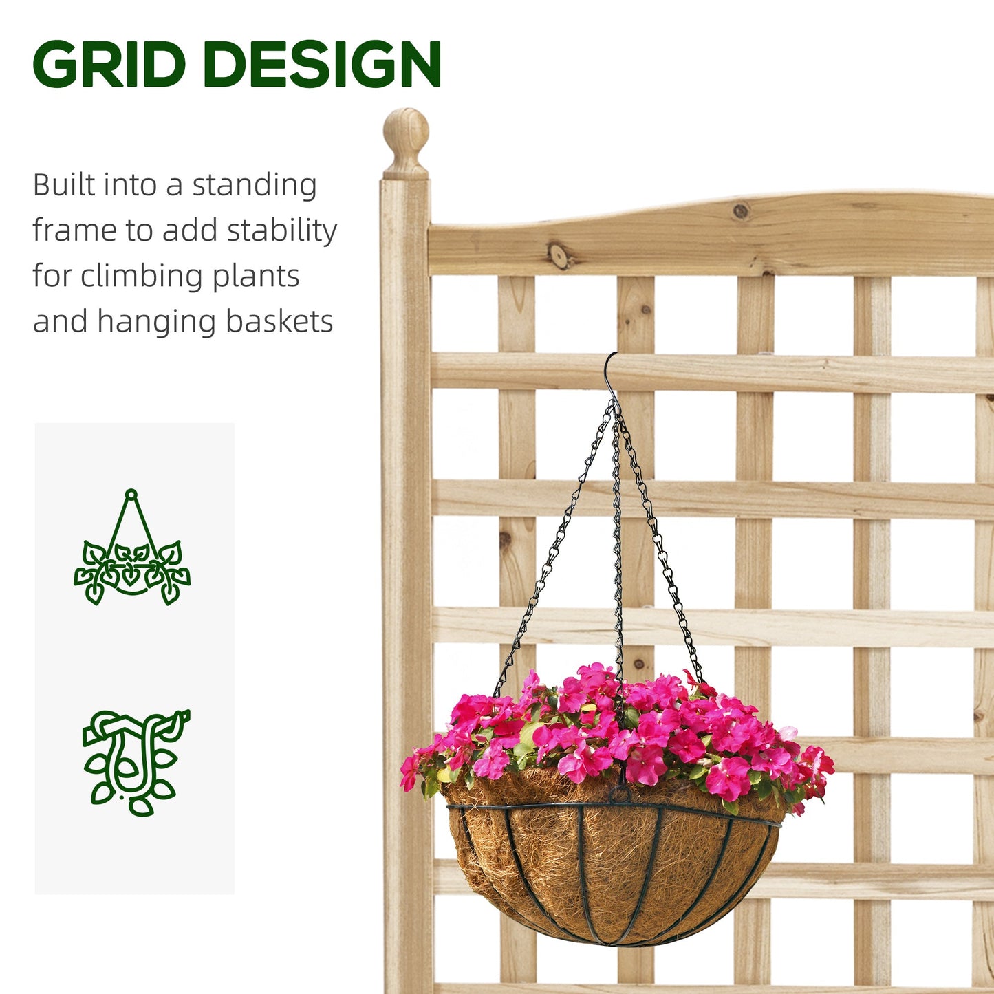 Garden Planters with Trellis for Climbing Vines, Wooden Raised Beds for Garden, Free Standing Flower Pot, Indoor Outdoor Display Rack, 64 x 28 x 120 cm, Natural