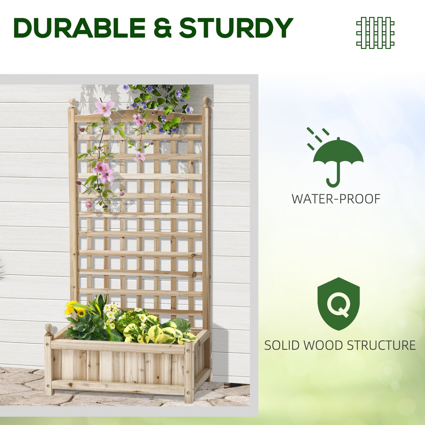 Garden Planters with Trellis for Climbing Vines, Wooden Raised Beds for Garden, Free Standing Flower Pot, Indoor Outdoor Display Rack, 64 x 28 x 120 cm, Natural