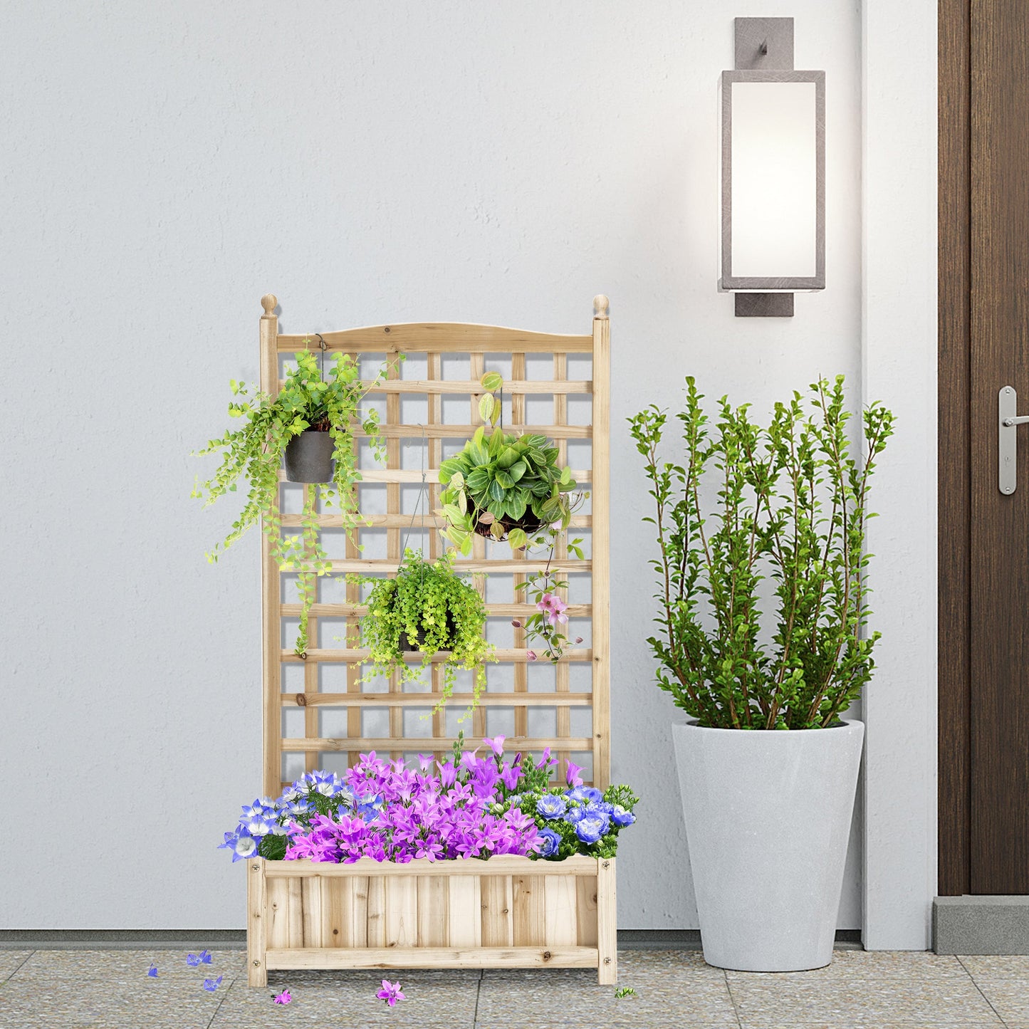 Garden Planters with Trellis for Climbing Vines, Wooden Raised Beds for Garden, Free Standing Flower Pot, Indoor Outdoor Display Rack, 64 x 28 x 120 cm, Natural