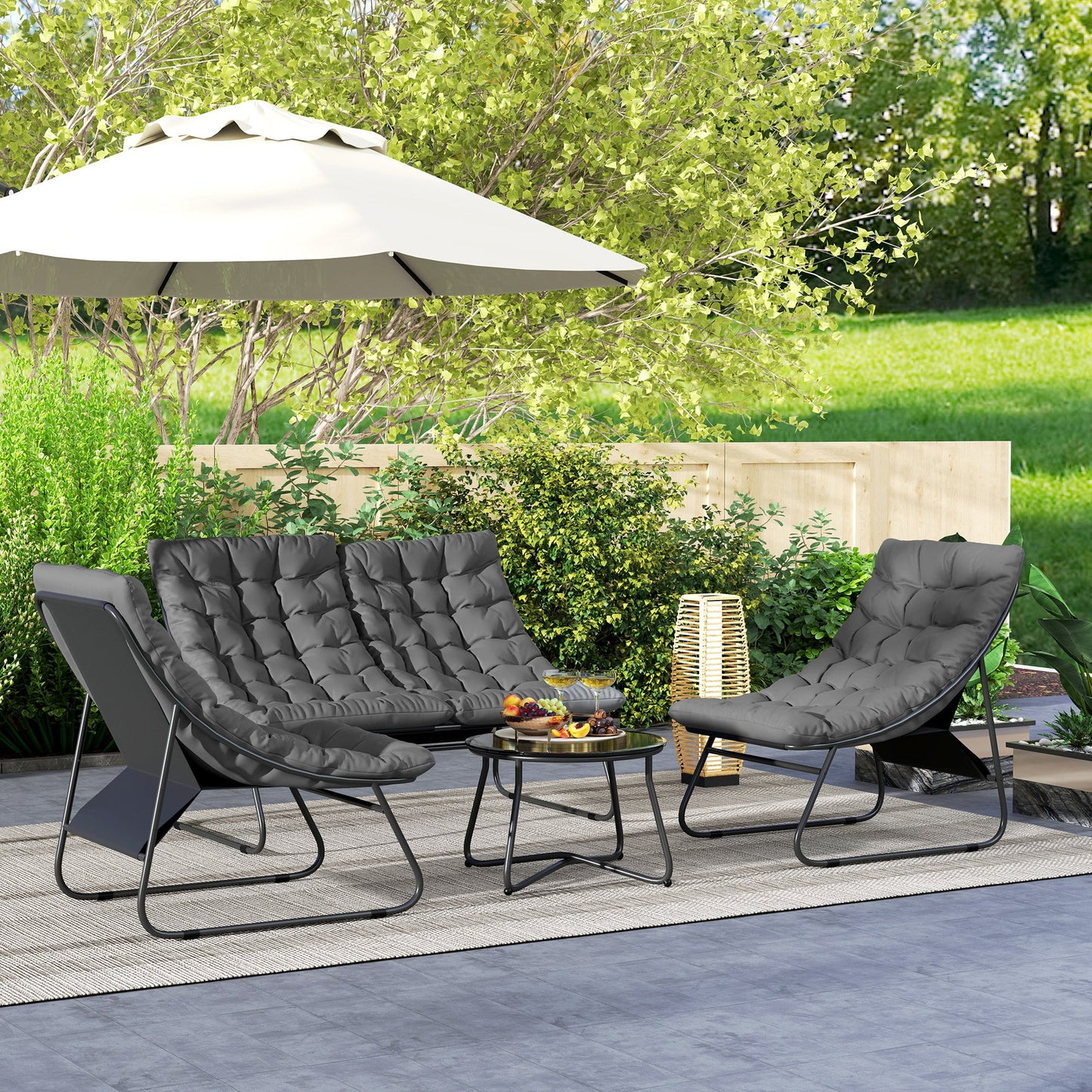 4 Seater Garden Furniture Set, Conversation Set with Loveseat Sofa, Chairs, Glass Coffee Table, Thick Cushions, Steel Outdoor Sofa for Balcony, Poolside, Conservatory, Grey