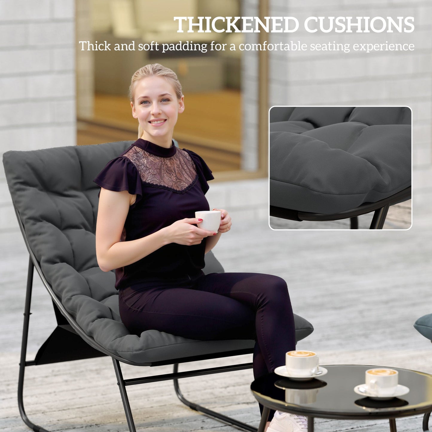 4 Seater Garden Furniture Set, Conversation Set with Loveseat Sofa, Chairs, Glass Coffee Table, Thick Cushions, Steel Outdoor Sofa for Balcony, Poolside, Conservatory, Grey
