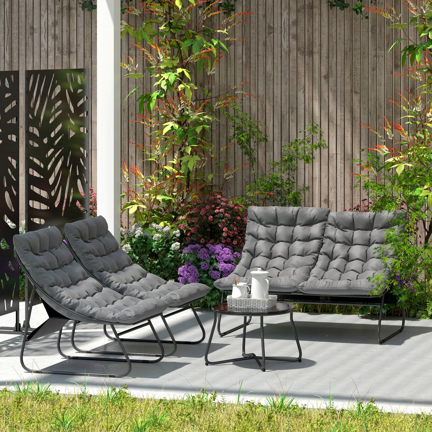 4 Seater Garden Furniture Set, Conversation Set with Loveseat Sofa, Chairs, Glass Coffee Table, Thick Cushions, Steel Outdoor Sofa for Balcony, Poolside, Conservatory, Grey