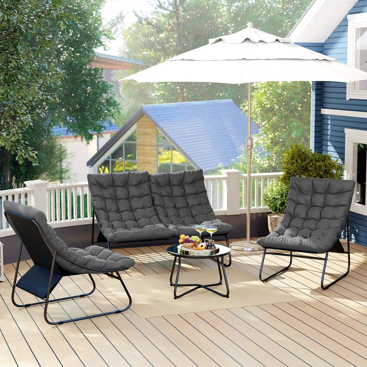 4 Seater Garden Furniture Set, Conversation Set with Loveseat Sofa, Chairs, Glass Coffee Table, Thick Cushions, Steel Outdoor Sofa for Balcony, Poolside, Conservatory, Grey