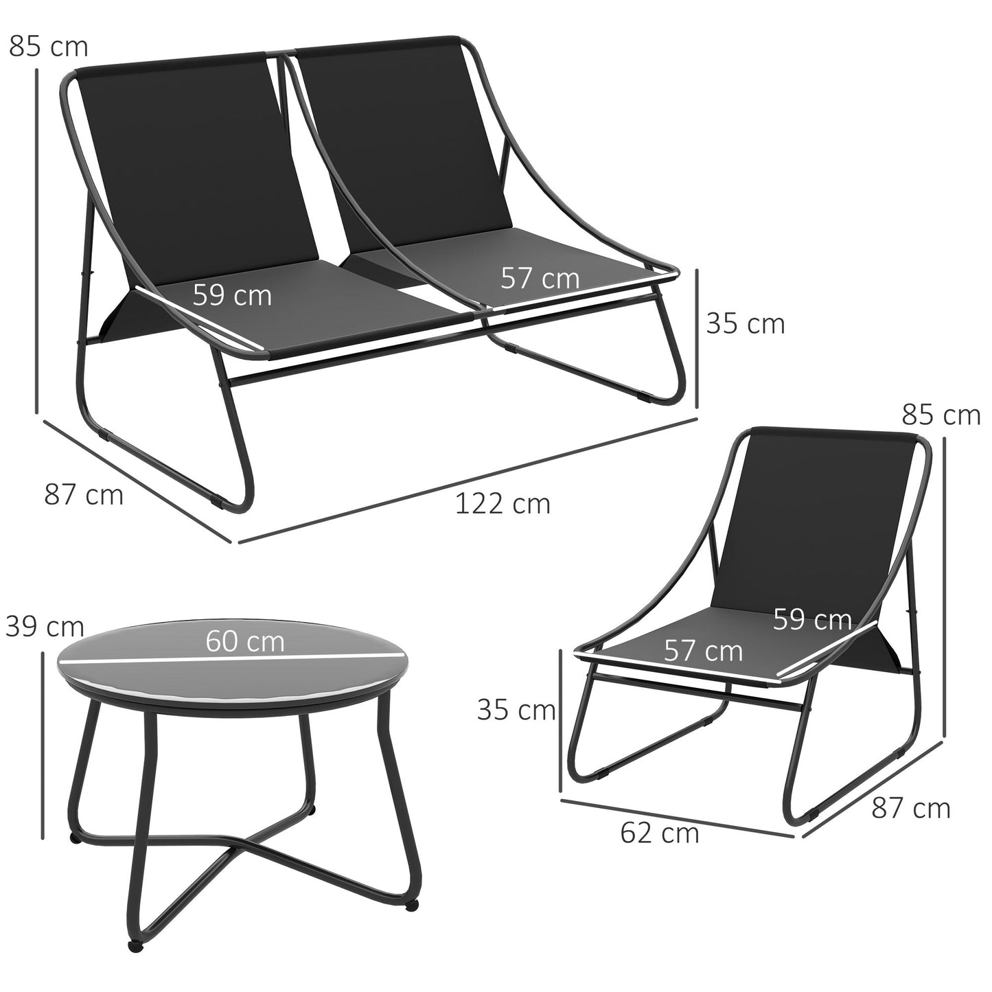 4 Seater Garden Furniture Set, Conversation Set with Loveseat Sofa, Chairs, Glass Coffee Table, Thick Cushions, Steel Outdoor Sofa for Balcony, Poolside, Conservatory, Grey