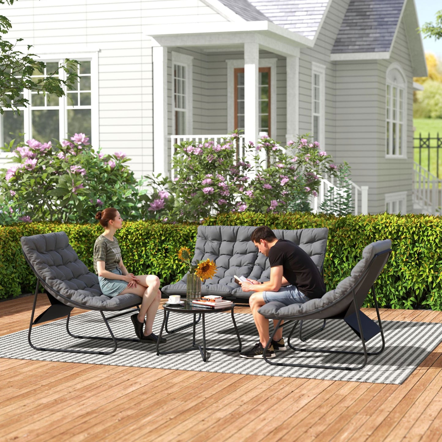 4 Seater Garden Furniture Set, Conversation Set with Loveseat Sofa, Chairs, Glass Coffee Table, Thick Cushions, Steel Outdoor Sofa for Balcony, Poolside, Conservatory, Grey