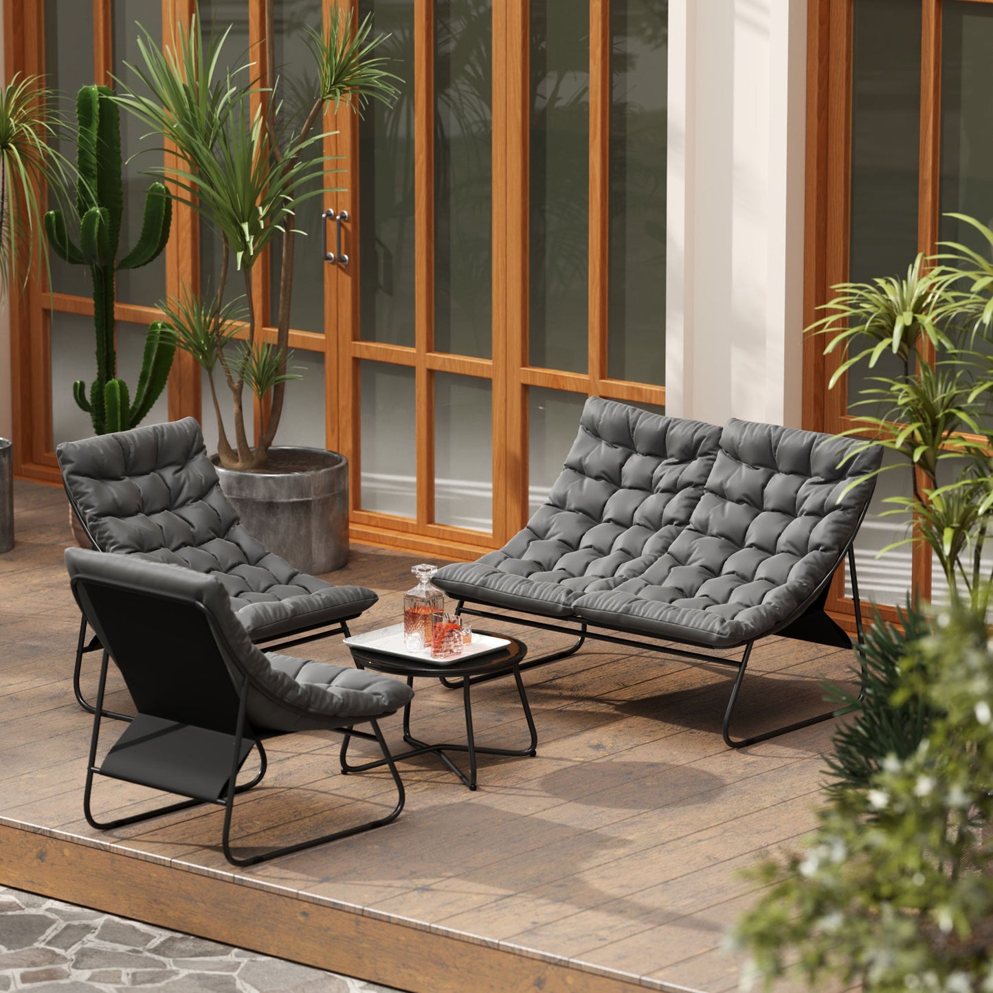4 Seater Garden Furniture Set, Conversation Set with Loveseat Sofa, Chairs, Glass Coffee Table, Thick Cushions, Steel Outdoor Sofa for Balcony, Poolside, Conservatory, Grey