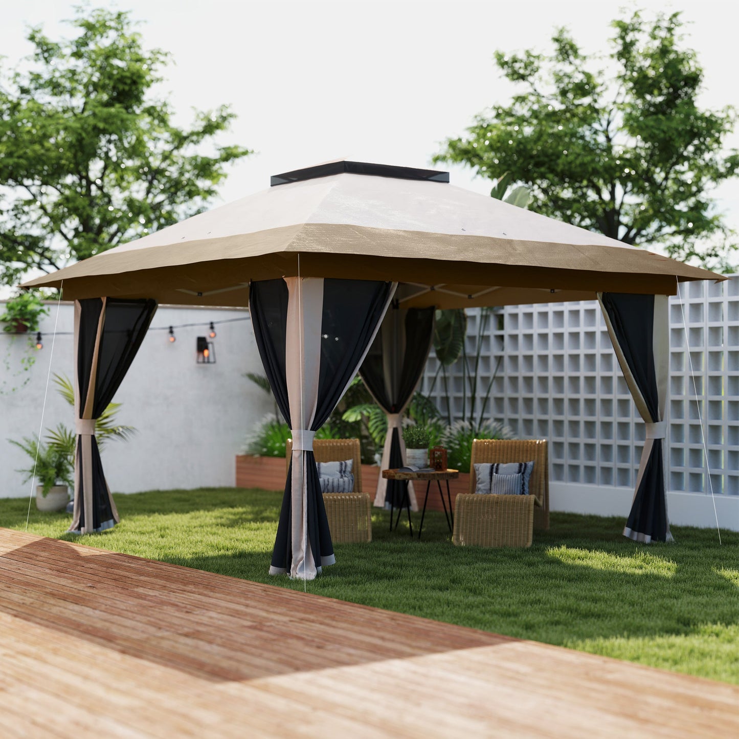3.6 x 3.6m Pop Up Gazebo with Mesh Sides, UPF50+ Height Adjustable Party Tent Instant Event Shelter with Wheeled Carry Bag and Sand Bags for Garden, Patio, Beige