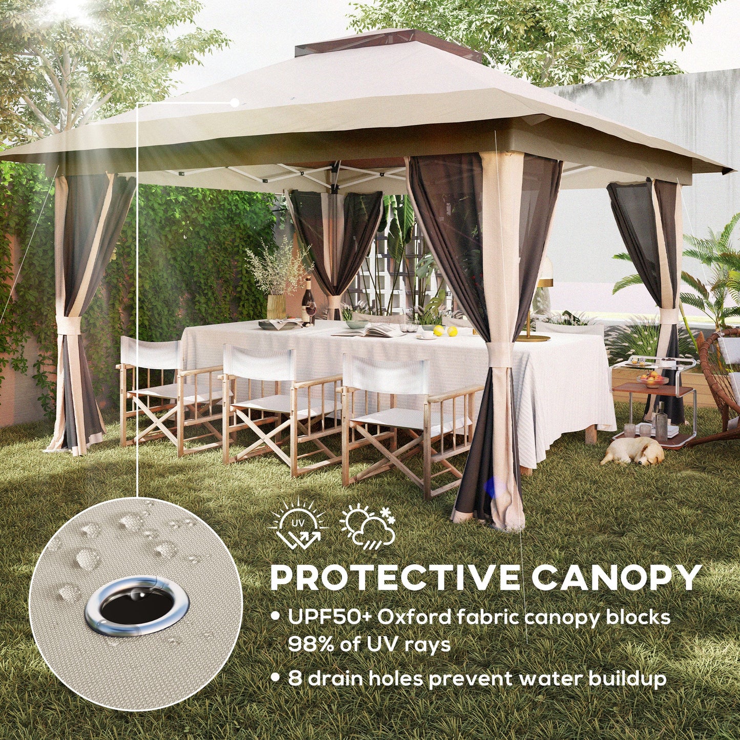 3.6 x 3.6m Pop Up Gazebo with Mesh Sides, UPF50+ Height Adjustable Party Tent Instant Event Shelter with Wheeled Carry Bag and Sand Bags for Garden, Patio, Beige