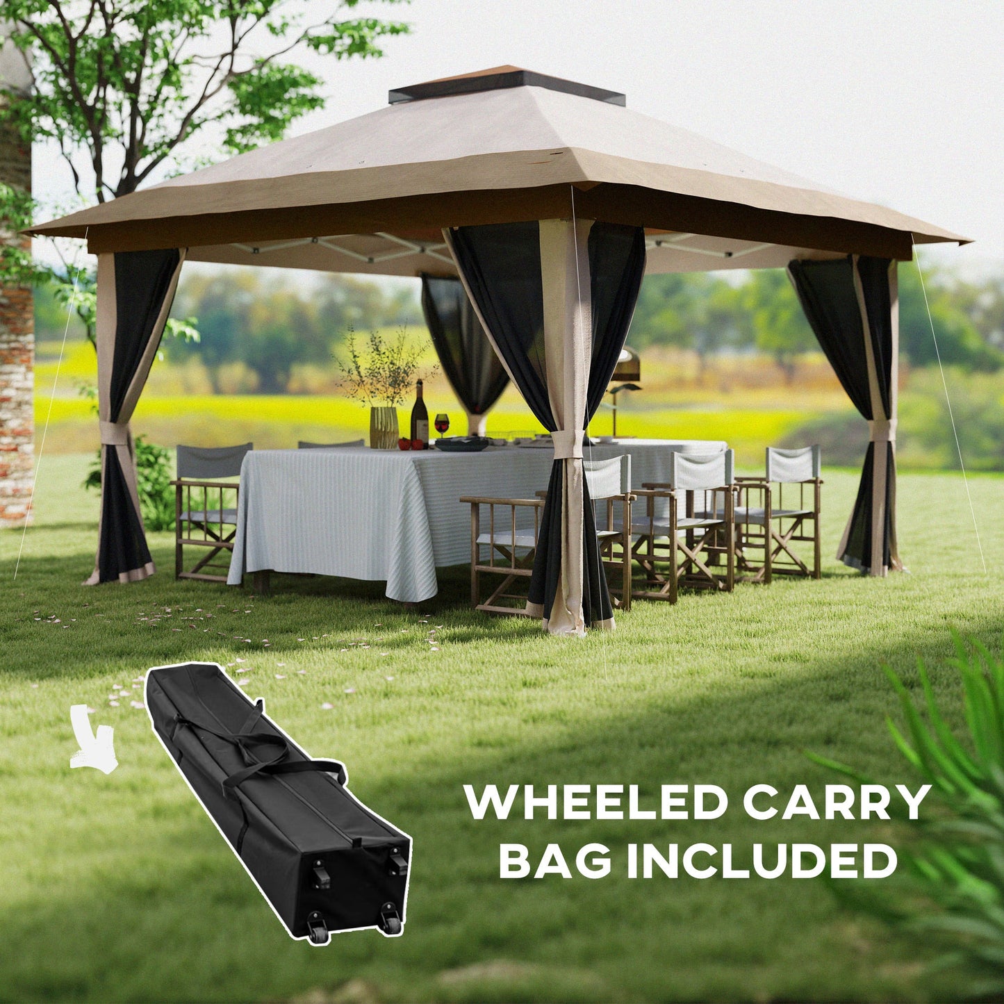 3.6 x 3.6m Pop Up Gazebo with Mesh Sides, UPF50+ Height Adjustable Party Tent Instant Event Shelter with Wheeled Carry Bag and Sand Bags for Garden, Patio, Beige