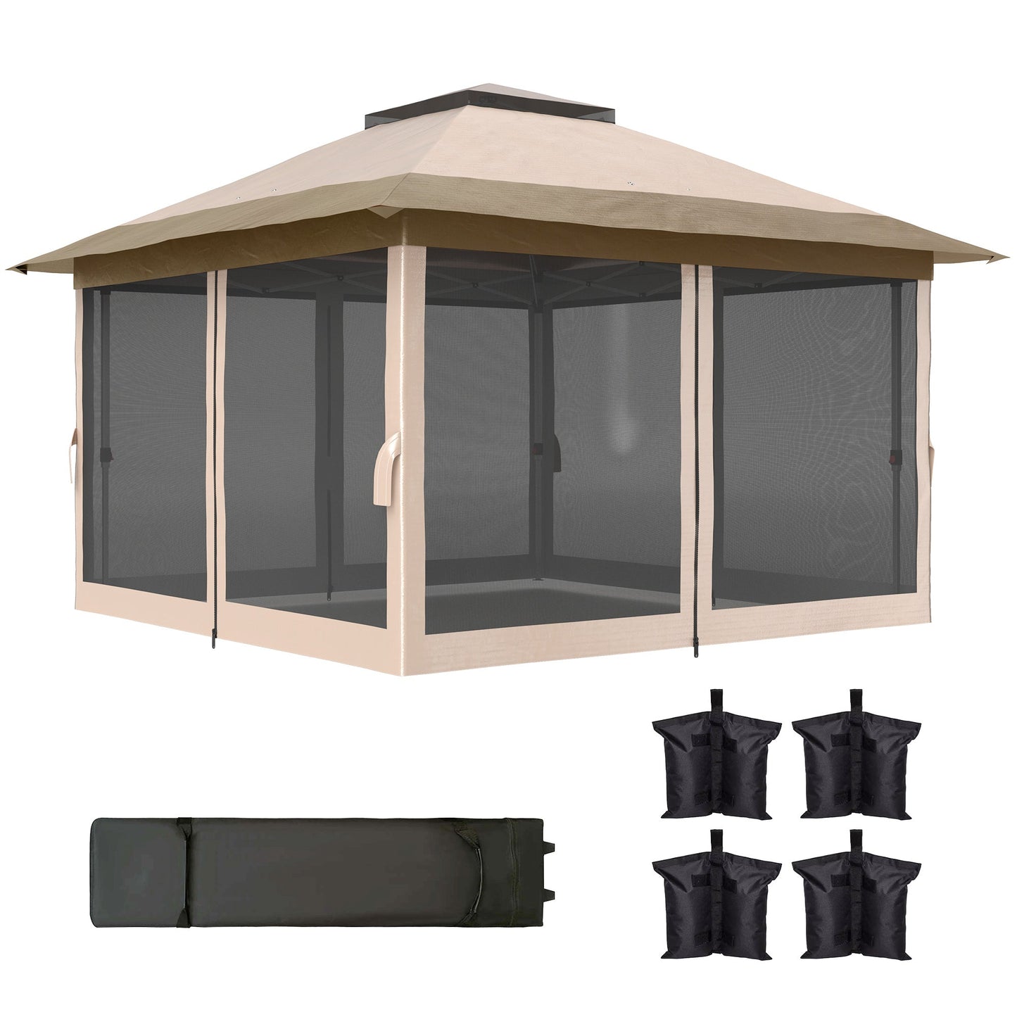 3.6 x 3.6m Pop Up Gazebo with Mesh Sides, UPF50+ Height Adjustable Party Tent Instant Event Shelter with Wheeled Carry Bag and Sand Bags for Garden, Patio, Beige