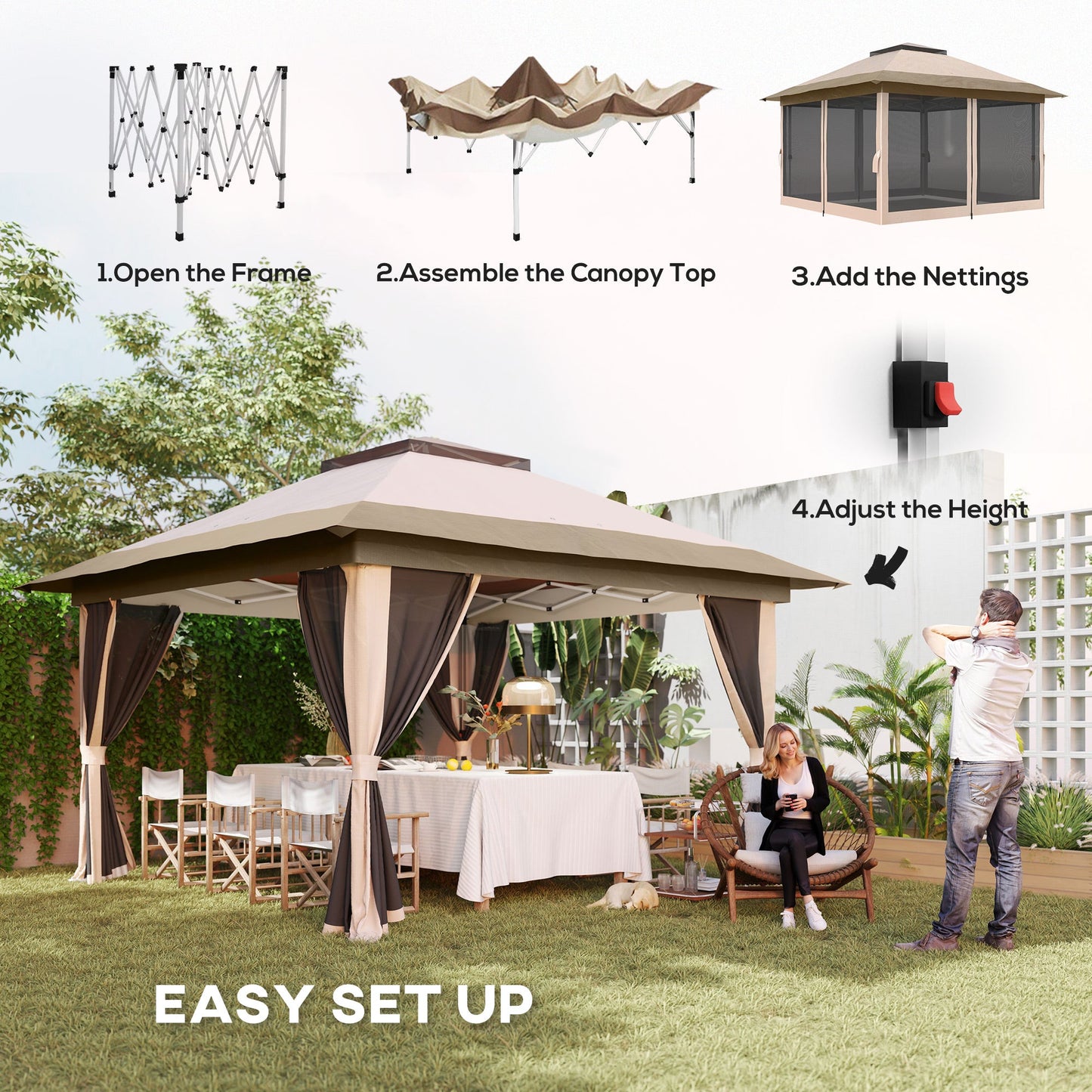 3.6 x 3.6m Pop Up Gazebo with Mesh Sides, UPF50+ Height Adjustable Party Tent Instant Event Shelter with Wheeled Carry Bag and Sand Bags for Garden, Patio, Beige