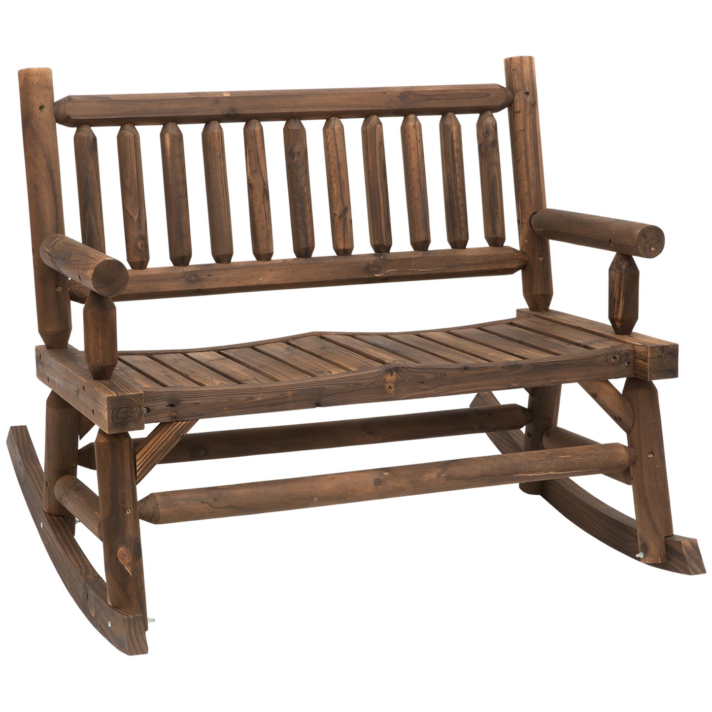 Garden 2-Seater Rocking Bench Wood Frame Rough-Cut Log Loveseat Slatted High Back Rustic Style with Armrests Garden Outdoor Furniture - Dark Stain Brown