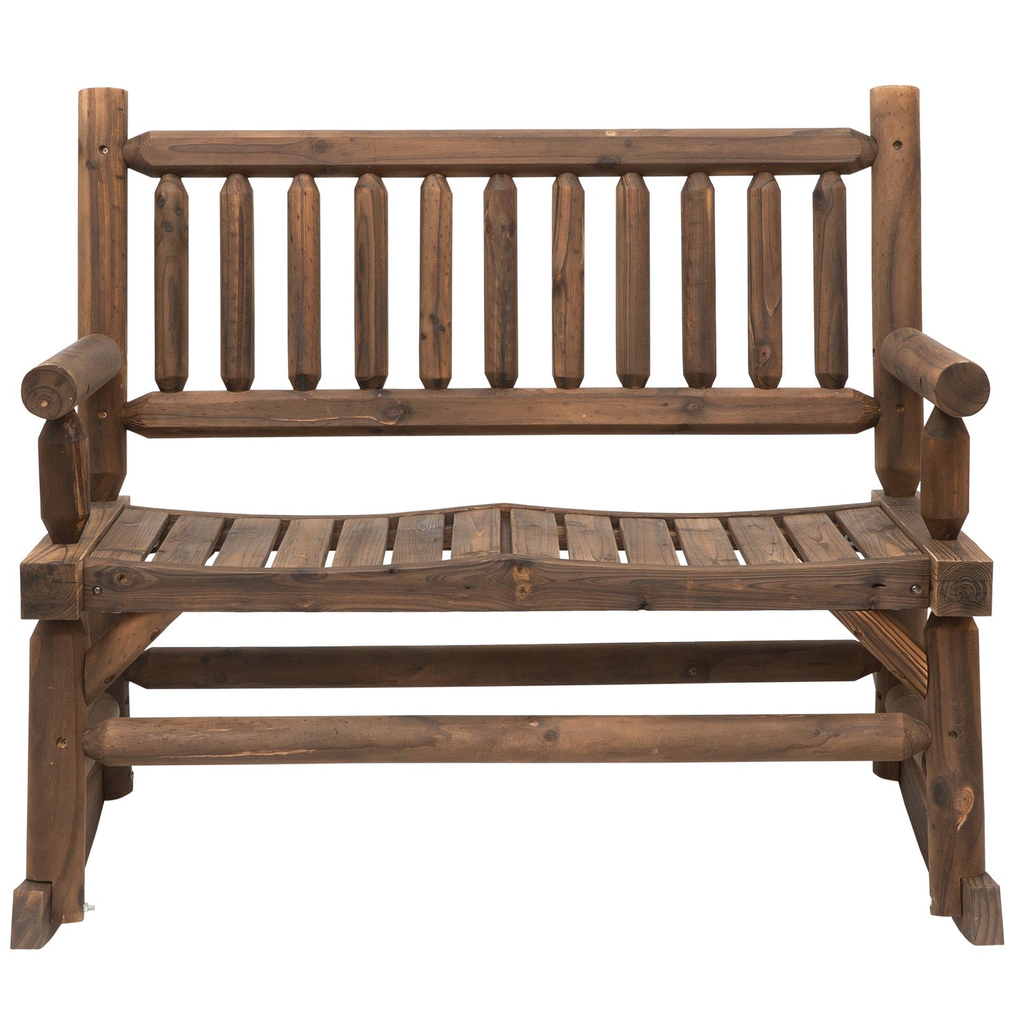 Garden 2-Seater Rocking Bench Wood Frame Rough-Cut Log Loveseat Slatted High Back Rustic Style with Armrests Garden Outdoor Furniture - Dark Stain Brown