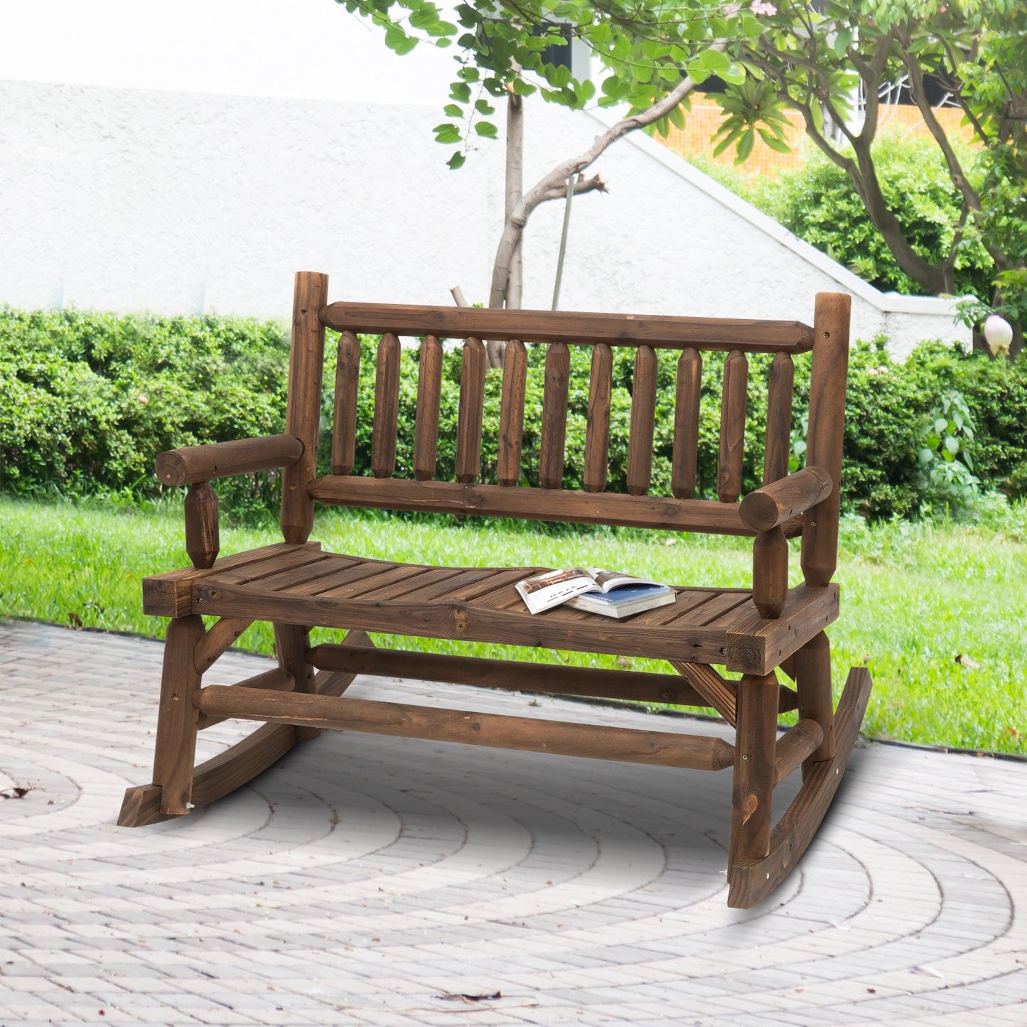 Garden 2-Seater Rocking Bench Wood Frame Rough-Cut Log Loveseat Slatted High Back Rustic Style with Armrests Garden Outdoor Furniture - Dark Stain Brown