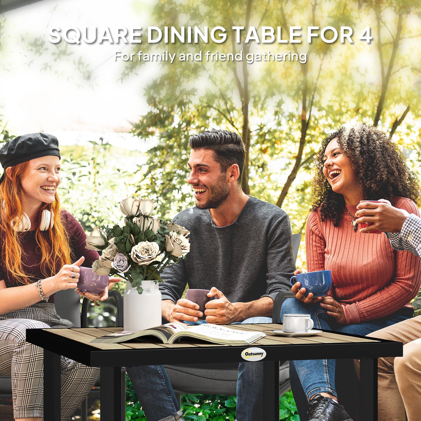 Garden Table for 4 Person, Square 86 x 86 x 71cm Patio Outdoor Dining Table with 5.4cm Parasol Hole, Easy Clean Slatted Top, Metal Frame, for Balcony, Deck, Brown