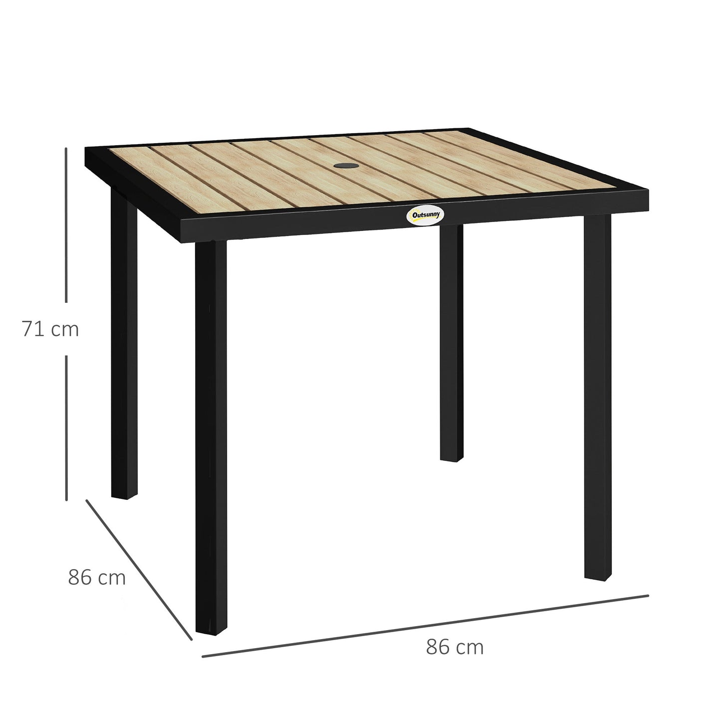 Garden Table for 4 Person, Square 86 x 86 x 71cm Patio Outdoor Dining Table with 5.4cm Parasol Hole, Easy Clean Slatted Top, Metal Frame, for Balcony, Deck, Brown