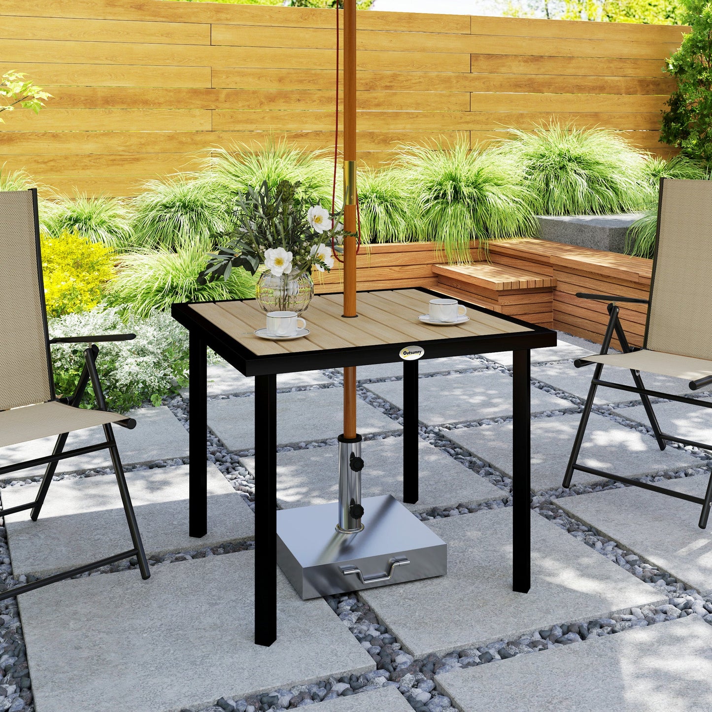 Garden Table for 4 Person, Square 86 x 86 x 71cm Patio Outdoor Dining Table with 5.4cm Parasol Hole, Easy Clean Slatted Top, Metal Frame, for Balcony, Deck, Brown