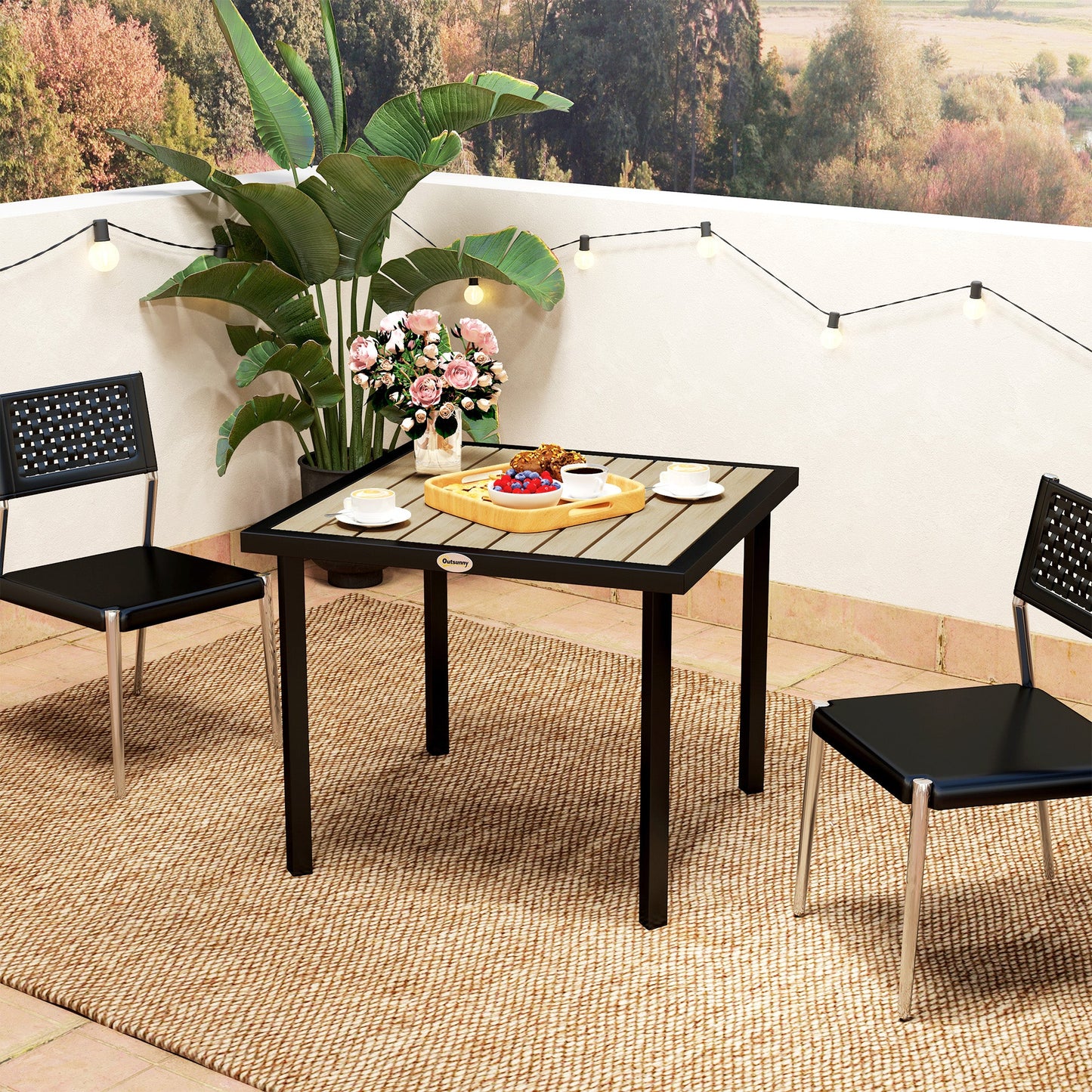 Garden Table for 4 Person, Square 86 x 86 x 71cm Patio Outdoor Dining Table with 5.4cm Parasol Hole, Easy Clean Slatted Top, Metal Frame, for Balcony, Deck, Brown