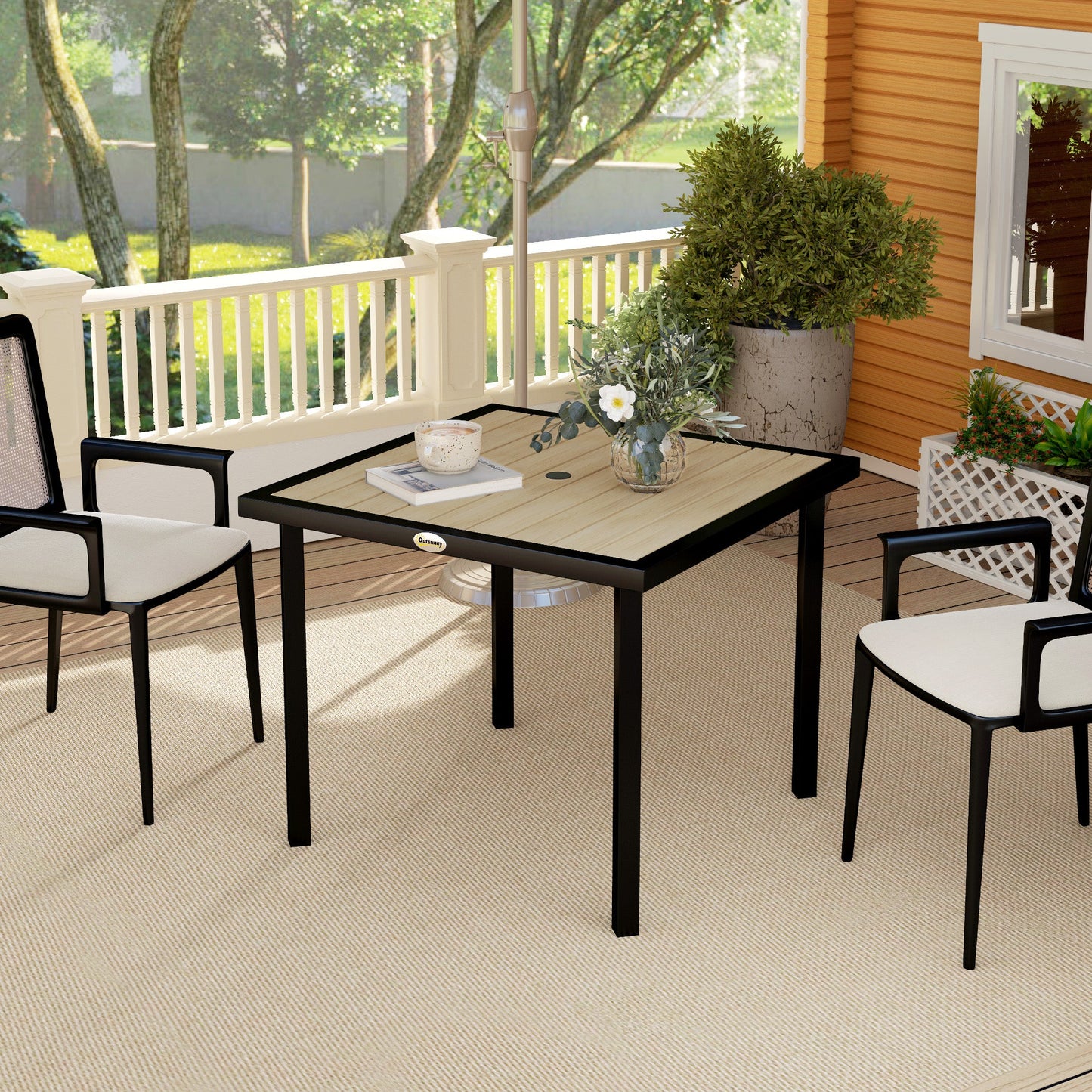 Garden Table for 4 Person, Square 86 x 86 x 71cm Patio Outdoor Dining Table with 5.4cm Parasol Hole, Easy Clean Slatted Top, Metal Frame, for Balcony, Deck, Brown