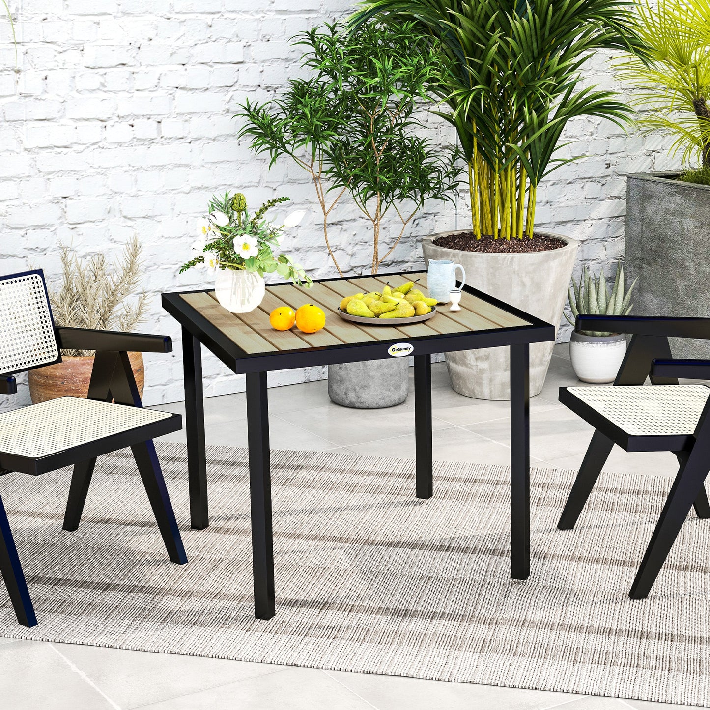 Garden Table for 4 Person, Square 86 x 86 x 71cm Patio Outdoor Dining Table with 5.4cm Parasol Hole, Easy Clean Slatted Top, Metal Frame, for Balcony, Deck, Brown