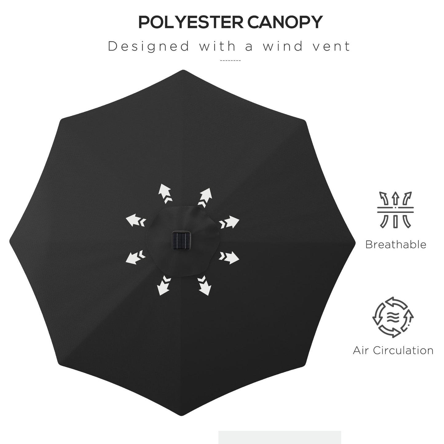 Φ2.7m Garden 24 LED Light Parasol Solar Outdoor Tilt Sun Umbrella Patio Club Party Event Manual Sun Shade w/ Hand Crank and 8 Ribs, Black
