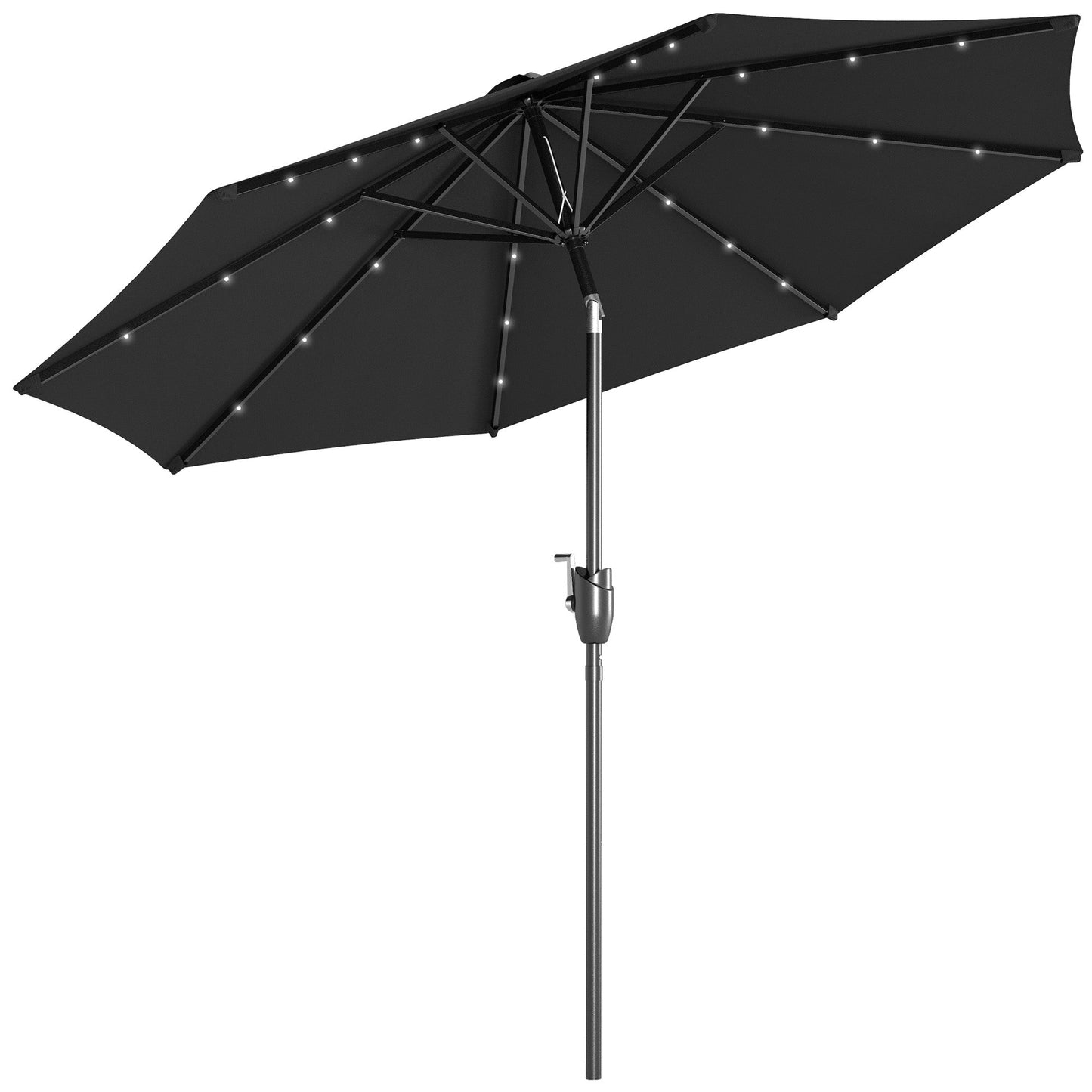 Φ2.7m Garden 24 LED Light Parasol Solar Outdoor Tilt Sun Umbrella Patio Club Party Event Manual Sun Shade w/ Hand Crank and 8 Ribs, Black