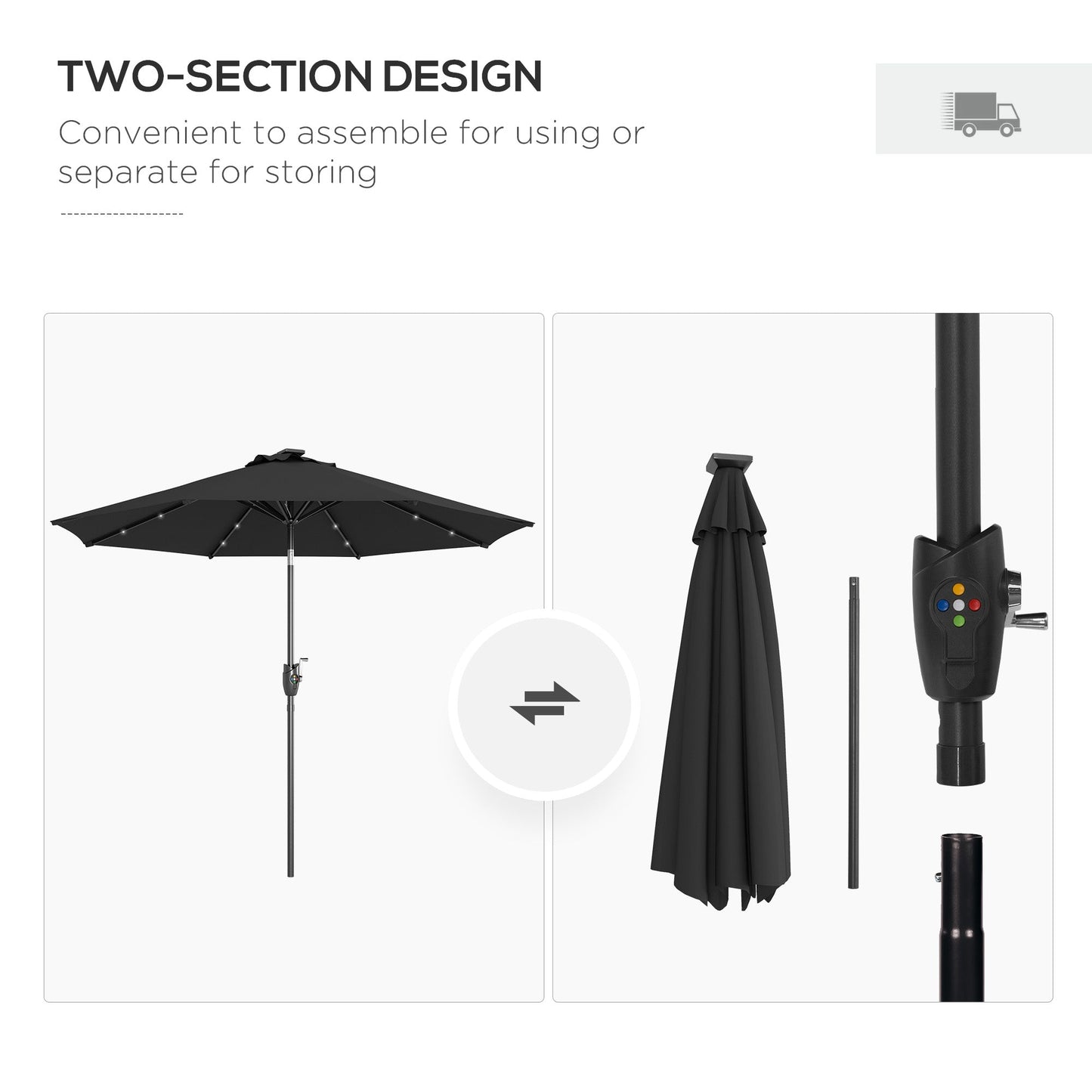 Φ2.7m Garden 24 LED Light Parasol Solar Outdoor Tilt Sun Umbrella Patio Club Party Event Manual Sun Shade w/ Hand Crank and 8 Ribs, Black