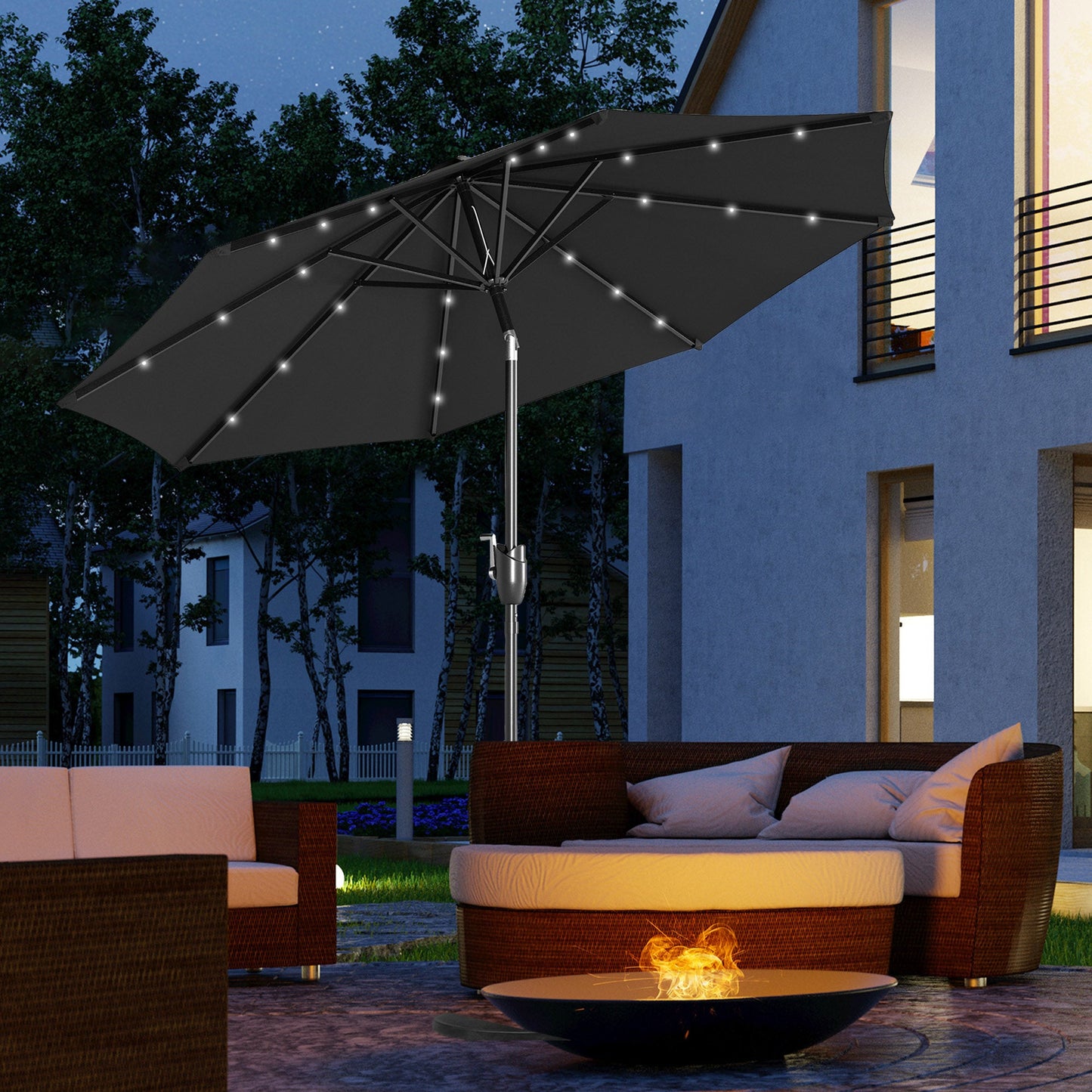 Φ2.7m Garden 24 LED Light Parasol Solar Outdoor Tilt Sun Umbrella Patio Club Party Event Manual Sun Shade w/ Hand Crank and 8 Ribs, Black