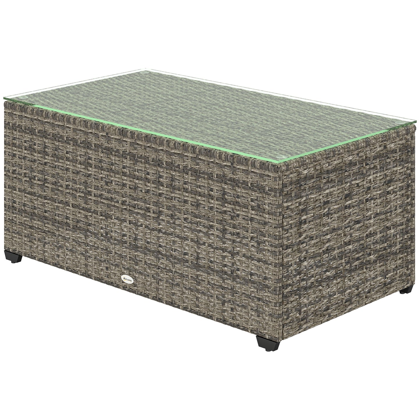 Outdoor Coffee Table, PE Rattan Side Table with Tempered Glass Top, Wicker Rectangular Garden Coffee Table End Table with Steel Frame for Patio, Balcony, 90 x 50 x 38cm, Dark Grey