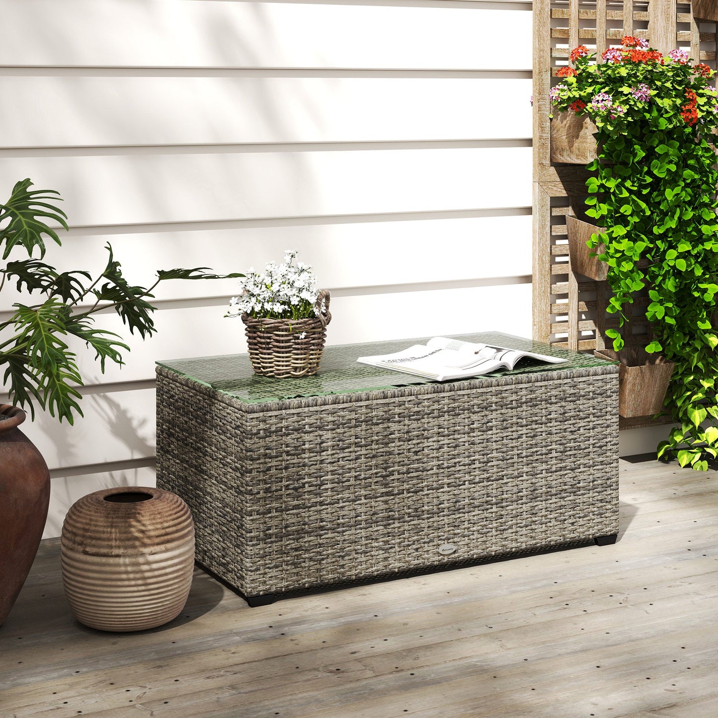 Outdoor Coffee Table, PE Rattan Side Table with Tempered Glass Top, Wicker Rectangular Garden Coffee Table End Table with Steel Frame for Patio, Balcony, 90 x 50 x 38cm, Dark Grey