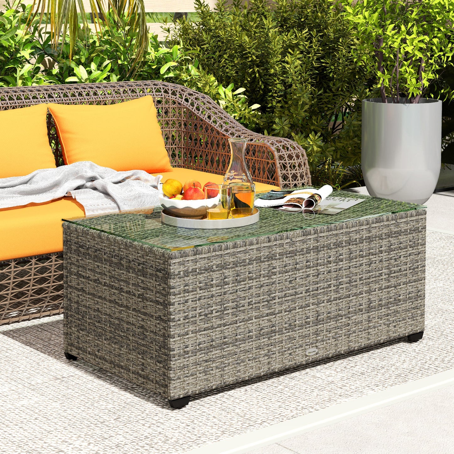 Outdoor Coffee Table, PE Rattan Side Table with Tempered Glass Top, Wicker Rectangular Garden Coffee Table End Table with Steel Frame for Patio, Balcony, 90 x 50 x 38cm, Dark Grey