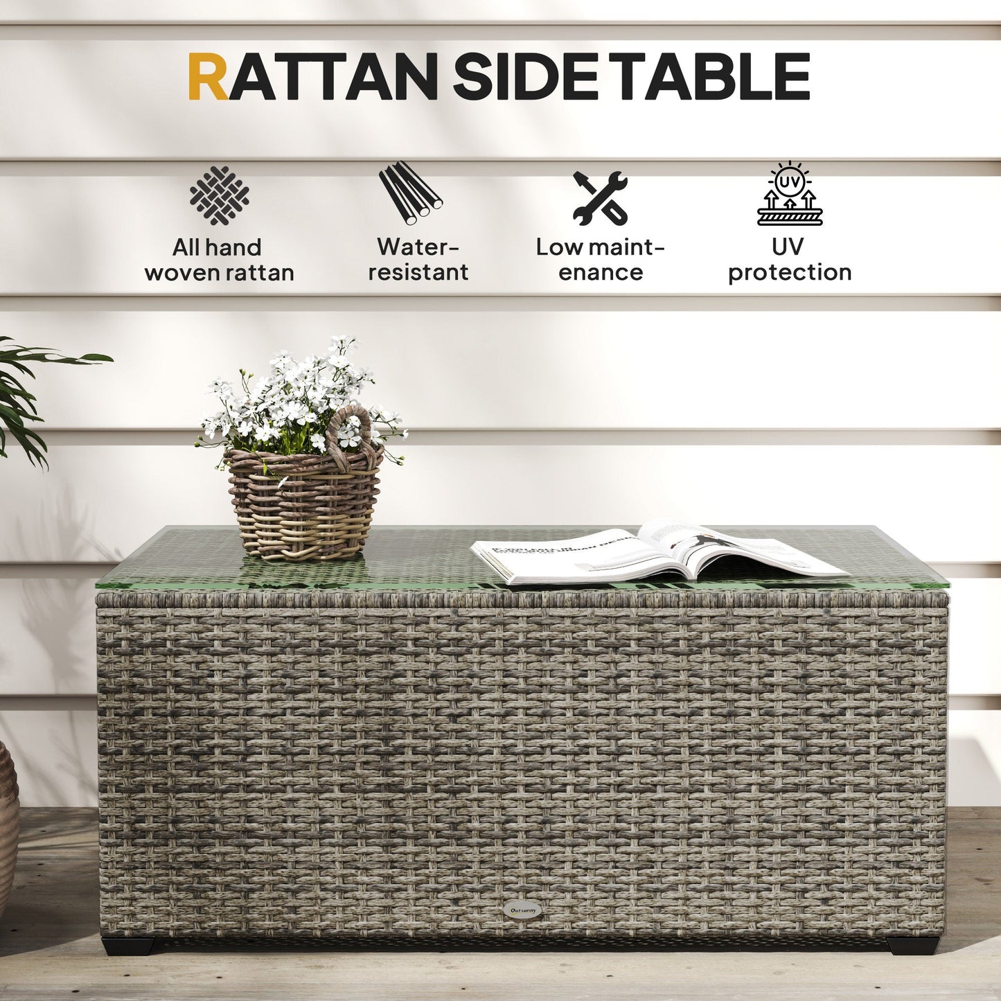 Outdoor Coffee Table, PE Rattan Side Table with Tempered Glass Top, Wicker Rectangular Garden Coffee Table End Table with Steel Frame for Patio, Balcony, 90 x 50 x 38cm, Dark Grey
