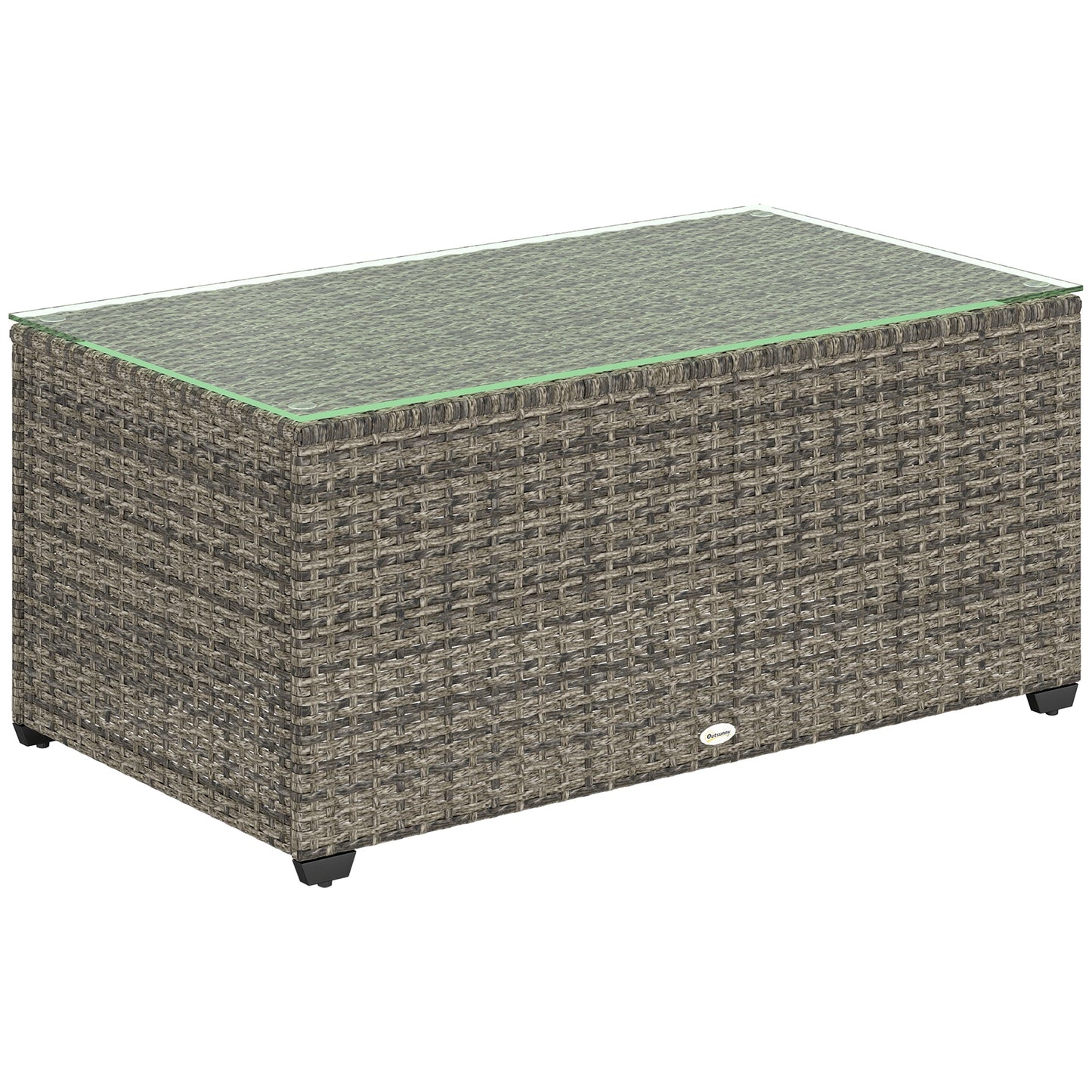 Outdoor Coffee Table, PE Rattan Side Table with Tempered Glass Top, Wicker Rectangular Garden Coffee Table End Table with Steel Frame for Patio, Balcony, 90 x 50 x 38cm, Dark Grey