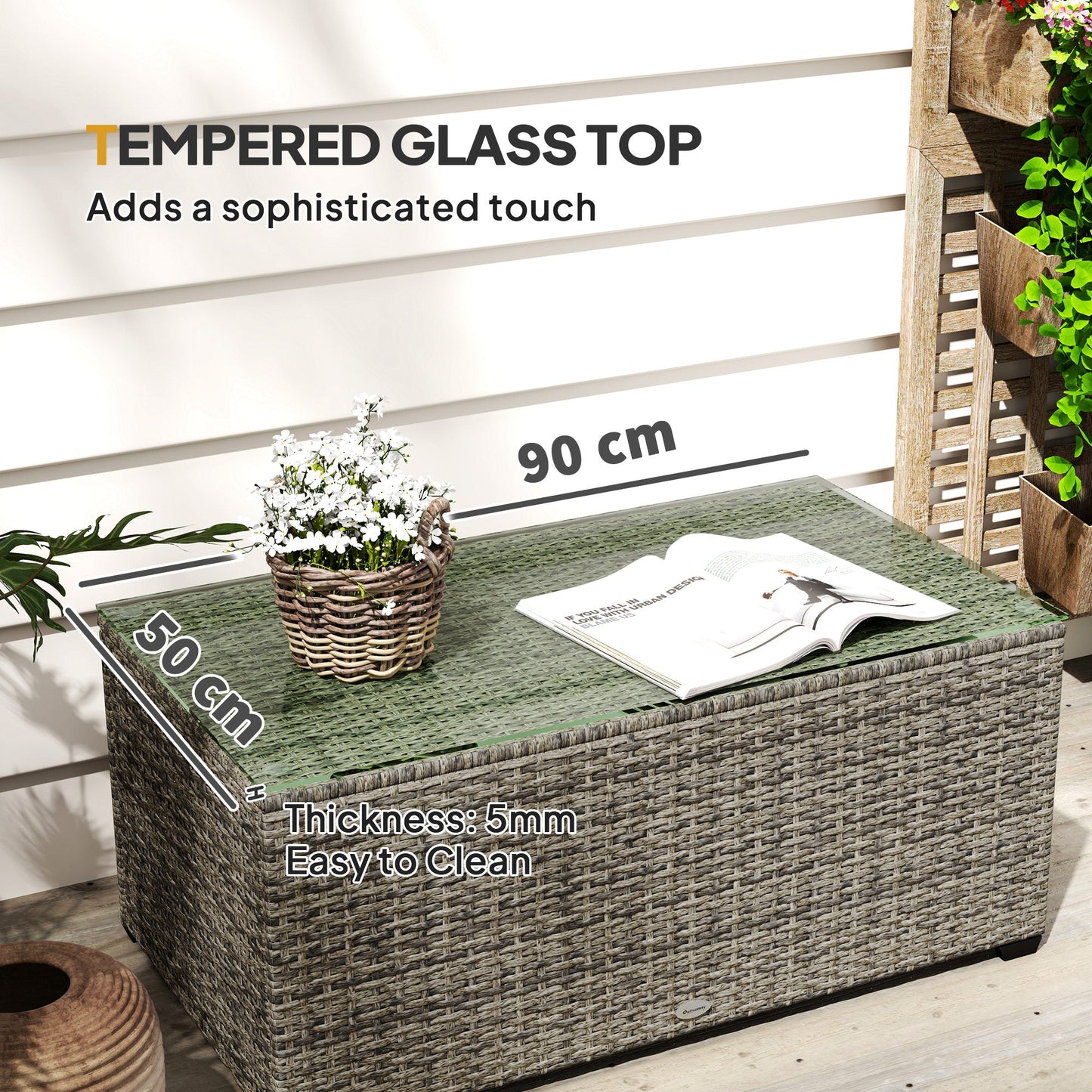 Outdoor Coffee Table, PE Rattan Side Table with Tempered Glass Top, Wicker Rectangular Garden Coffee Table End Table with Steel Frame for Patio, Balcony, 90 x 50 x 38cm, Dark Grey