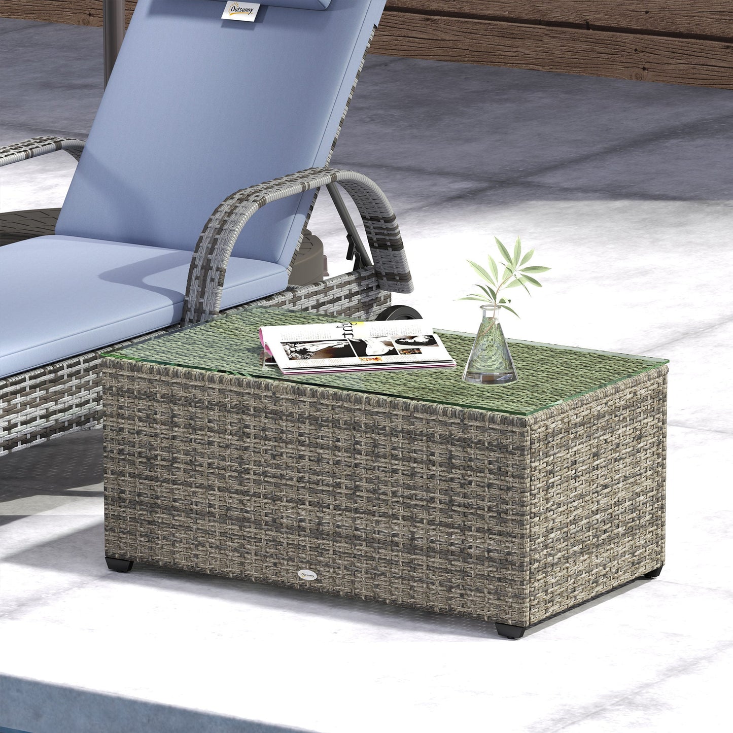 Outdoor Coffee Table, PE Rattan Side Table with Tempered Glass Top, Wicker Rectangular Garden Coffee Table End Table with Steel Frame for Patio, Balcony, 90 x 50 x 38cm, Dark Grey