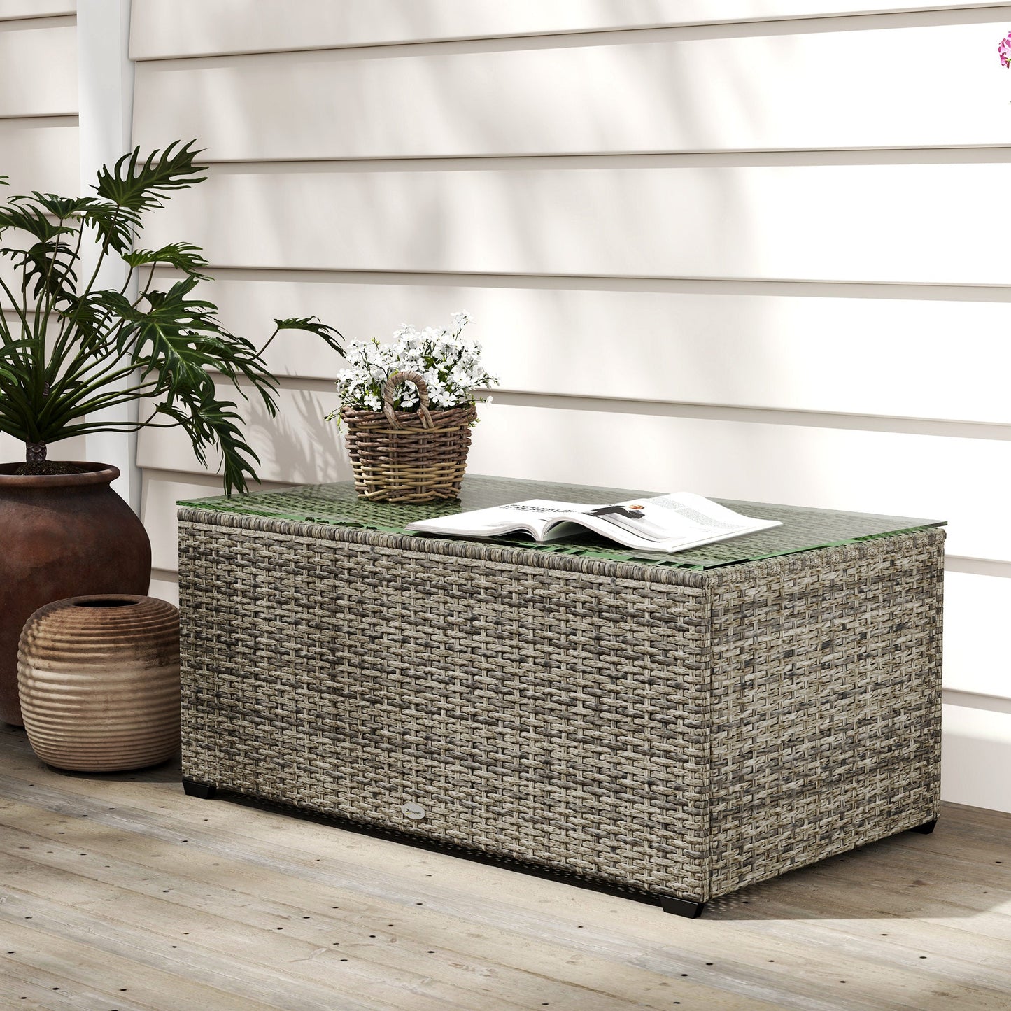 Outdoor Coffee Table, PE Rattan Side Table with Tempered Glass Top, Wicker Rectangular Garden Coffee Table End Table with Steel Frame for Patio, Balcony, 90 x 50 x 38cm, Dark Grey