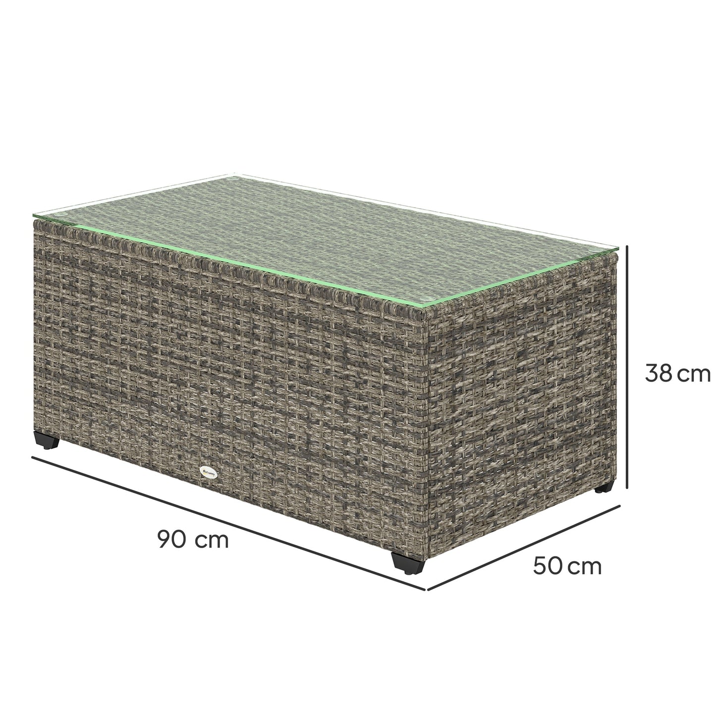 Outdoor Coffee Table, PE Rattan Side Table with Tempered Glass Top, Wicker Rectangular Garden Coffee Table End Table with Steel Frame for Patio, Balcony, 90 x 50 x 38cm, Dark Grey