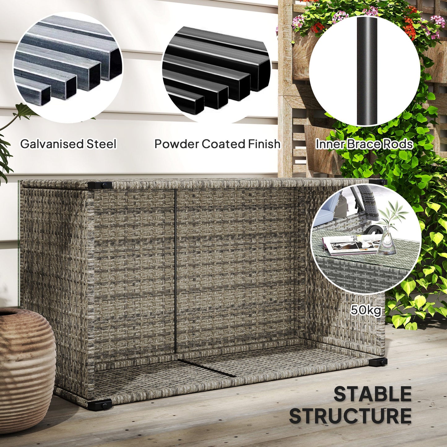 Outdoor Coffee Table, PE Rattan Side Table with Tempered Glass Top, Wicker Rectangular Garden Coffee Table End Table with Steel Frame for Patio, Balcony, 90 x 50 x 38cm, Dark Grey