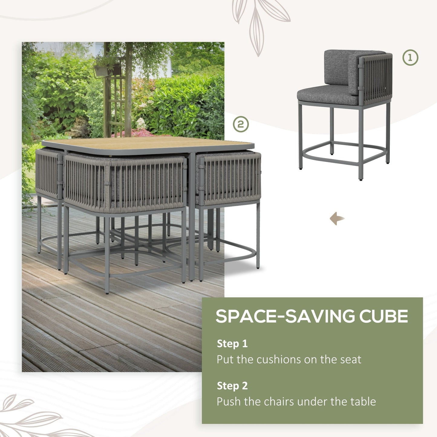 4 Seater Rattan Cube Garden Furniture Set with Cushions, Square Garden Dining Set with Stone Composite Board Top Table, Wicker Outdoor Table and Chairs, Grey