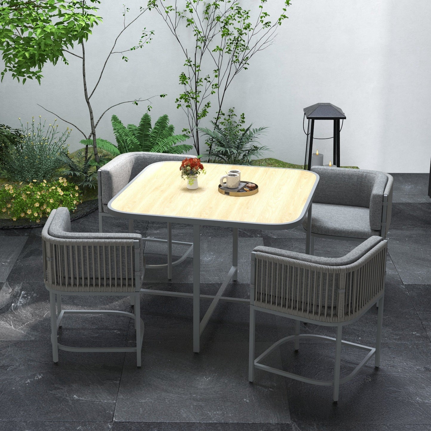 4 Seater Rattan Cube Garden Furniture Set with Cushions, Square Garden Dining Set with Stone Composite Board Top Table, Wicker Outdoor Table and Chairs, Grey