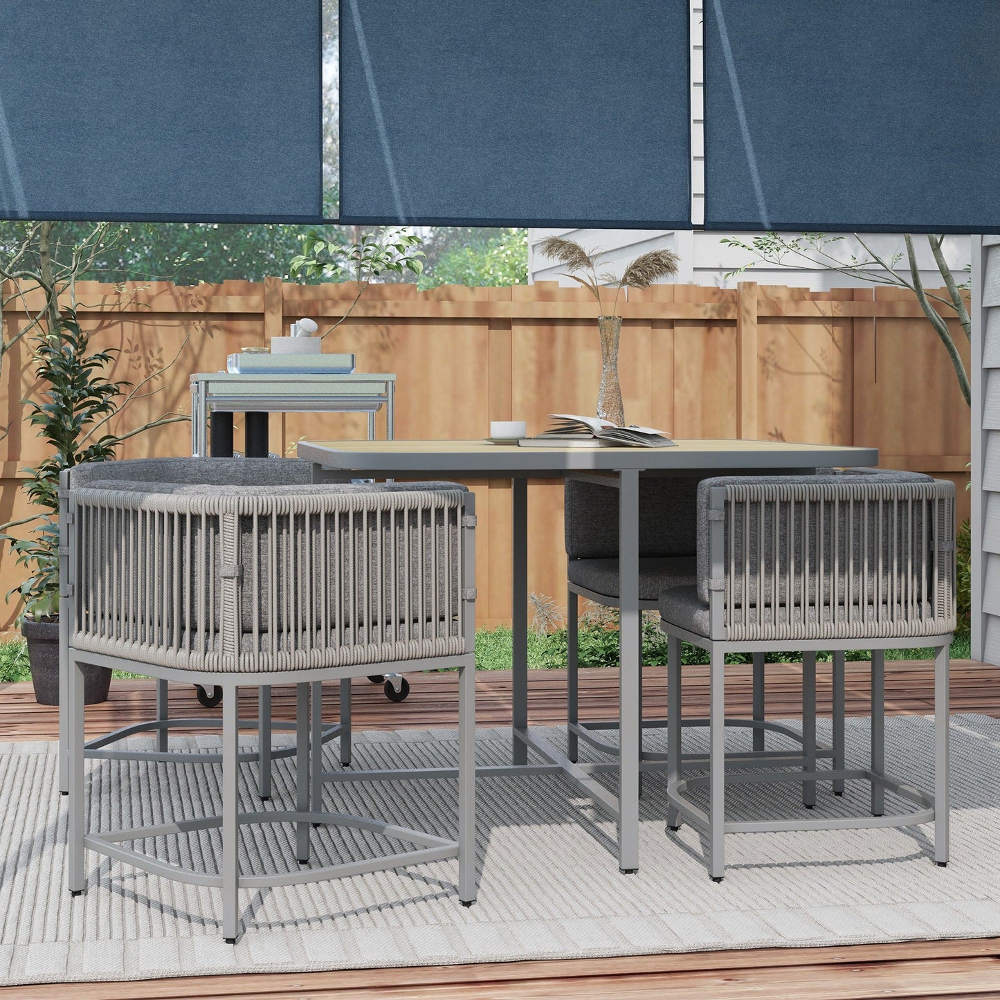 4 Seater Rattan Cube Garden Furniture Set with Cushions, Square Garden Dining Set with Stone Composite Board Top Table, Wicker Outdoor Table and Chairs, Grey