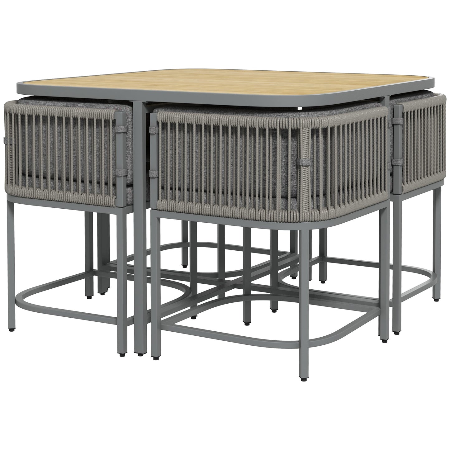 4 Seater Rattan Cube Garden Furniture Set with Cushions, Square Garden Dining Set with Stone Composite Board Top Table, Wicker Outdoor Table and Chairs, Grey