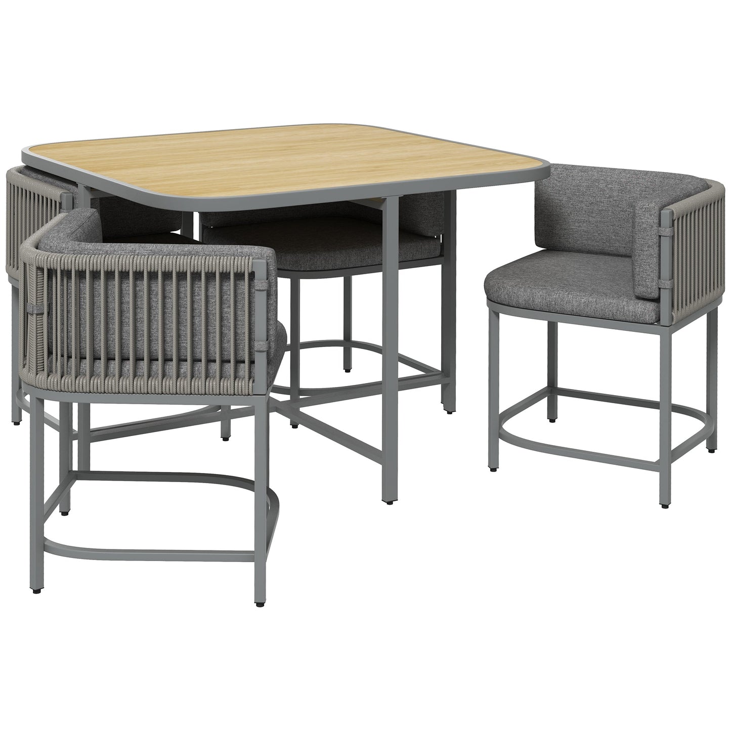 4 Seater Rattan Cube Garden Furniture Set with Cushions, Square Garden Dining Set with Stone Composite Board Top Table, Wicker Outdoor Table and Chairs, Grey