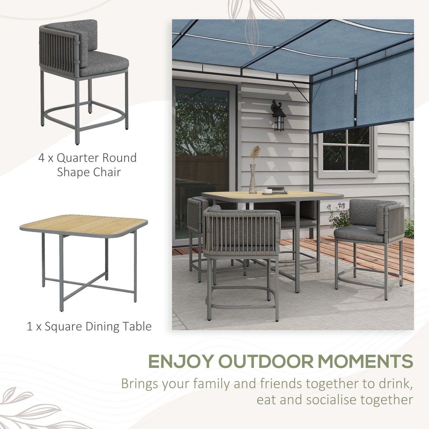 4 Seater Rattan Cube Garden Furniture Set with Cushions, Square Garden Dining Set with Stone Composite Board Top Table, Wicker Outdoor Table and Chairs, Grey