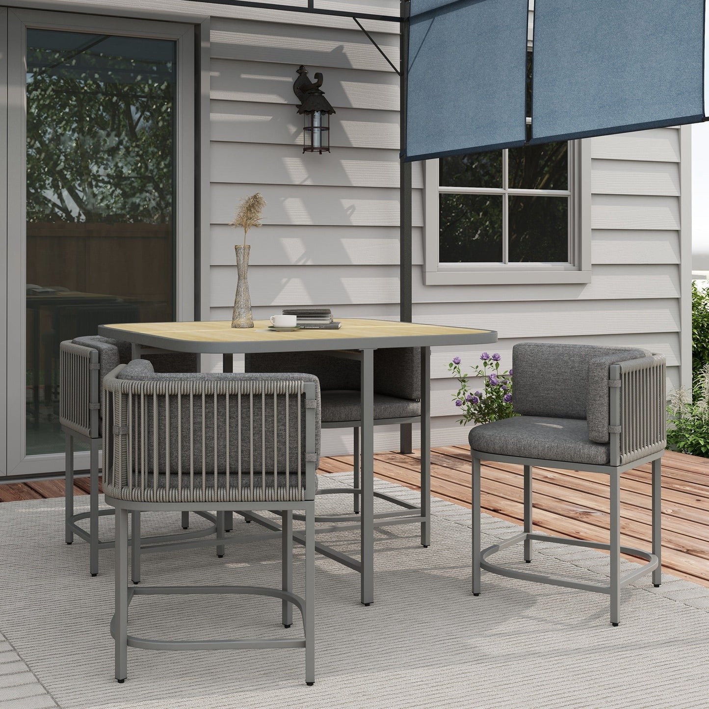 4 Seater Rattan Cube Garden Furniture Set with Cushions, Square Garden Dining Set with Stone Composite Board Top Table, Wicker Outdoor Table and Chairs, Grey